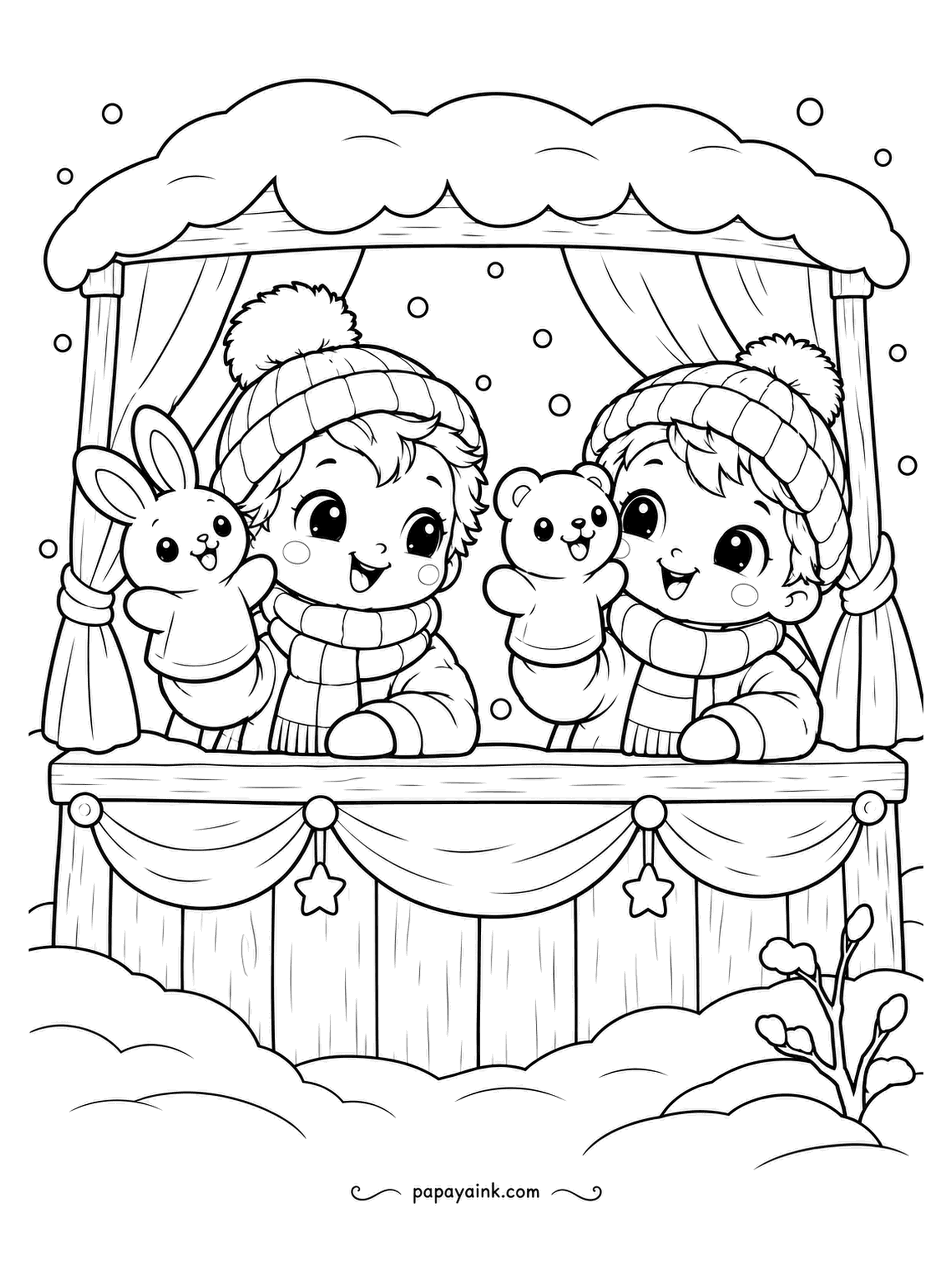 Cute Winter Coloring Pages - Puppet booth in the snow: two kids in bobble hats put on a show with a bunny puppet and a bear puppet, curtains tied back, stars on the valance. Red curtains, and let the snow on the roof stay white.