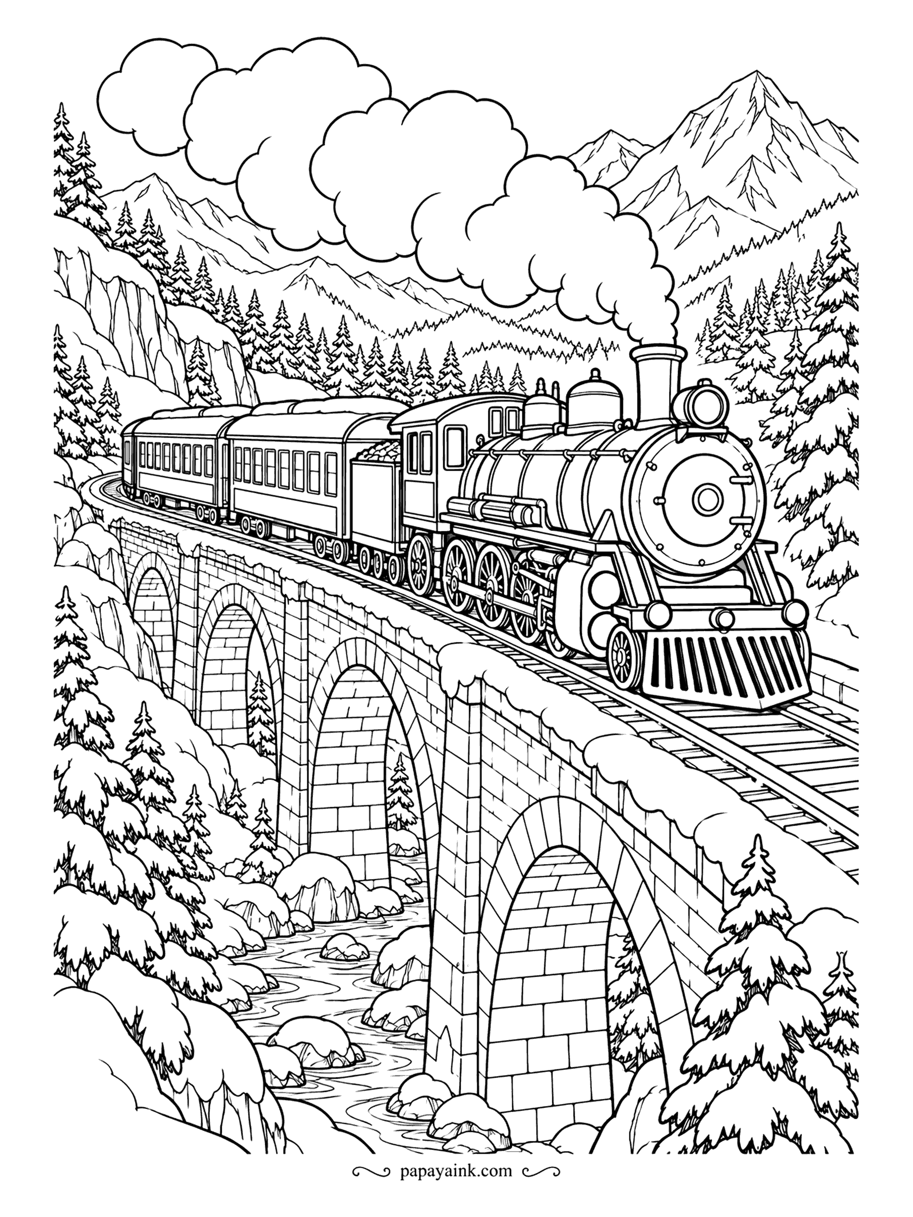 Free Printable Winter Coloring Pages - A steam engine and its string of cars crosses a stone viaduct over a frozen river, smoke rolling back toward the mountains. The arches, the brickwork and the firs take the time here. Black engine, bright cars, and leave the steam untouched. Detailed.
