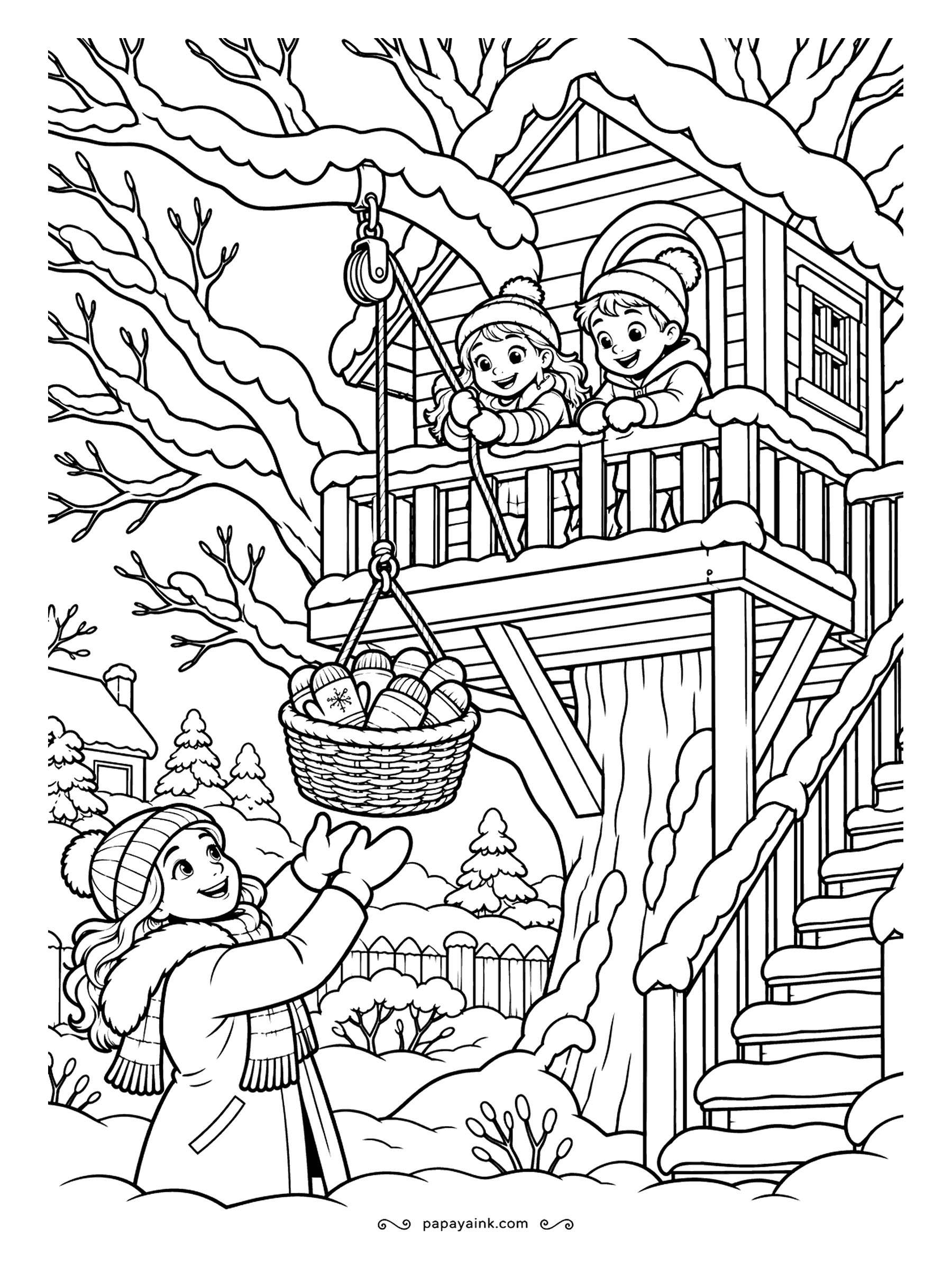 Free Printable Winter Coloring Pages - A basket of mittens climbs the pulley rope to two friends on the treehouse deck, and the third waits below with her hands up. Snow sits on every branch and step. Wood tones for the house, bright spots for the mittens.