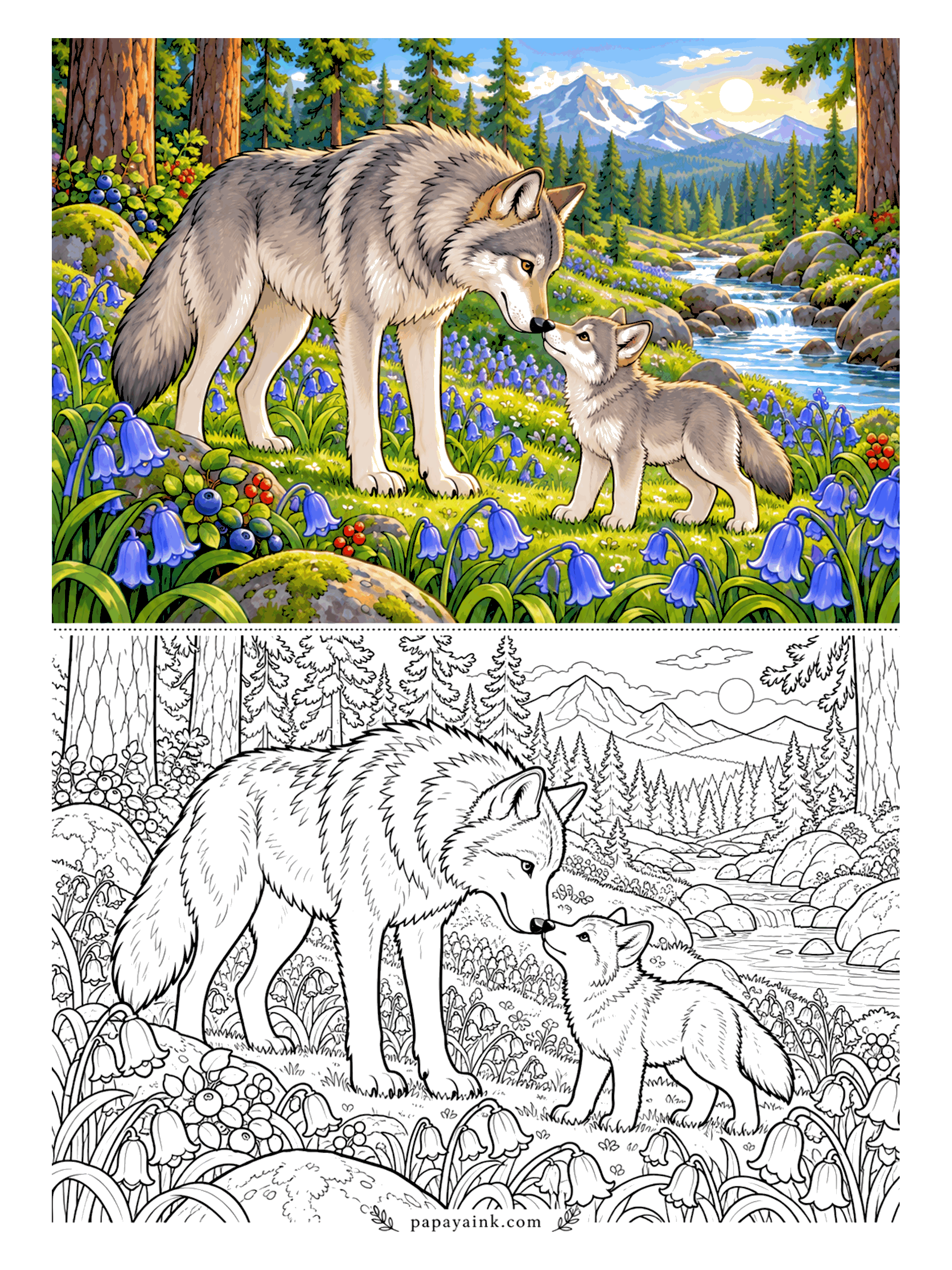 Wolf Coloring Pages - Bluebells up to their chests, the grey wolf leans down to nuzzle her pup while a mountain stream runs past the rocks beyond. Grey and cream fur, lilac bells, blueberries in the corner. Detailed - the forest goes all the way back.