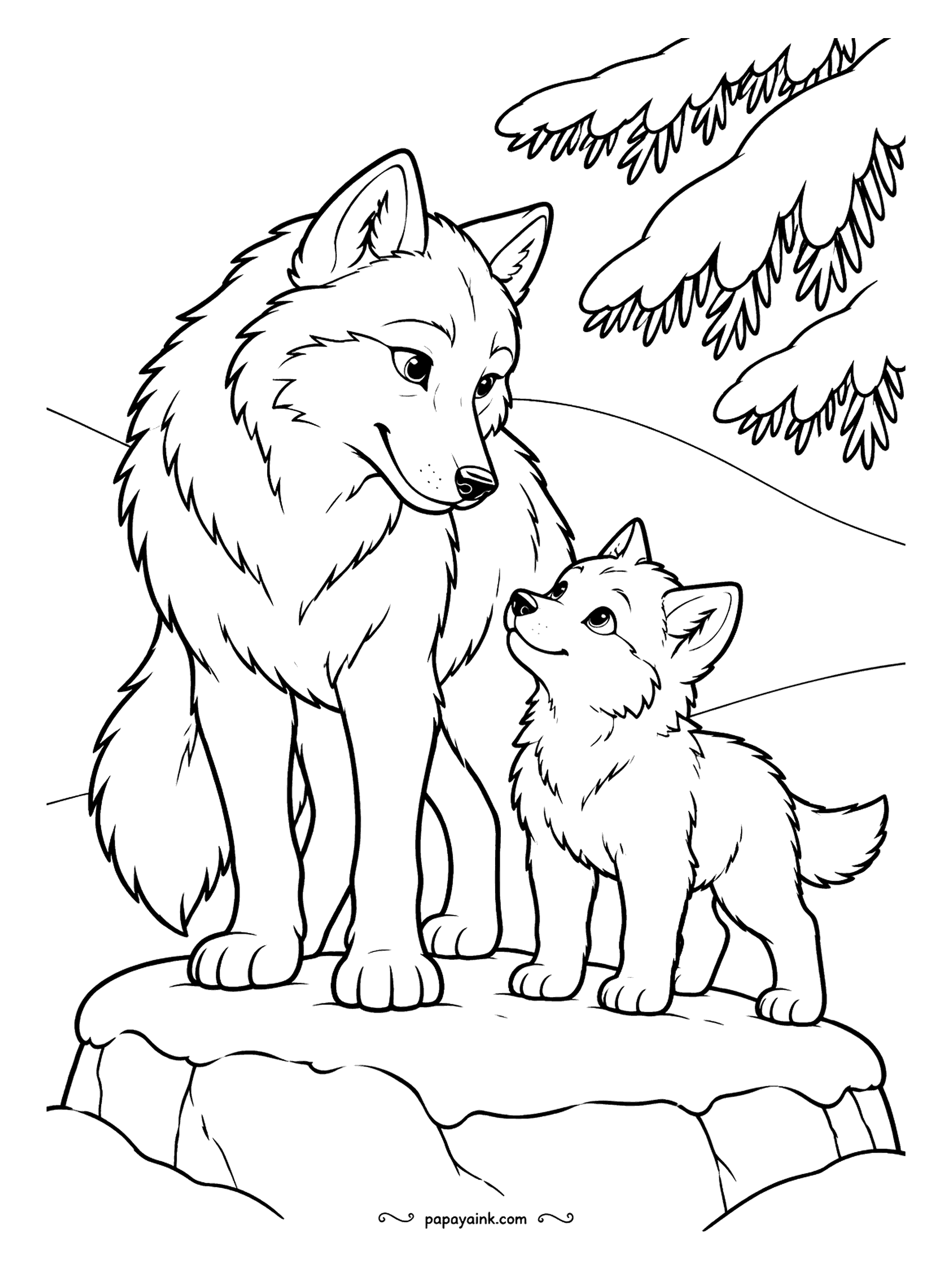 Free Printable Winter Coloring Pages - A wolf and her pup on a snowy boulder, the pup looking up for instructions and the parent looking at the horizon instead. Fir boughs reach in from the corner. Grays through the fur, darker along the back.