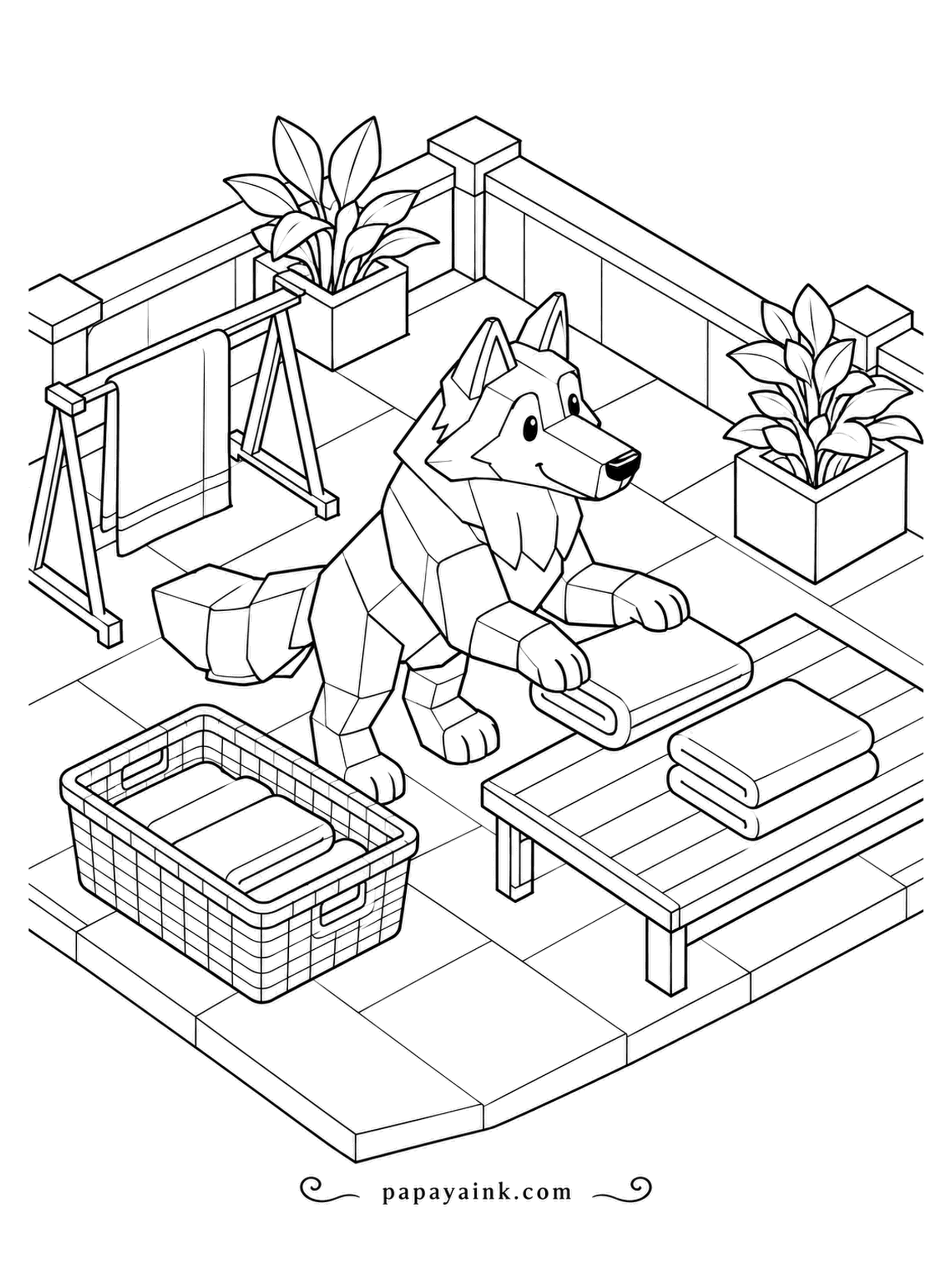 Wolf Coloring Pages - Laundry day on the roof: towels drying on the rack, a basket of clean ones, and a boxy wolf folding the last of them with careful paws. Potted plants watch from the corners. Pastel towels look lovely here.