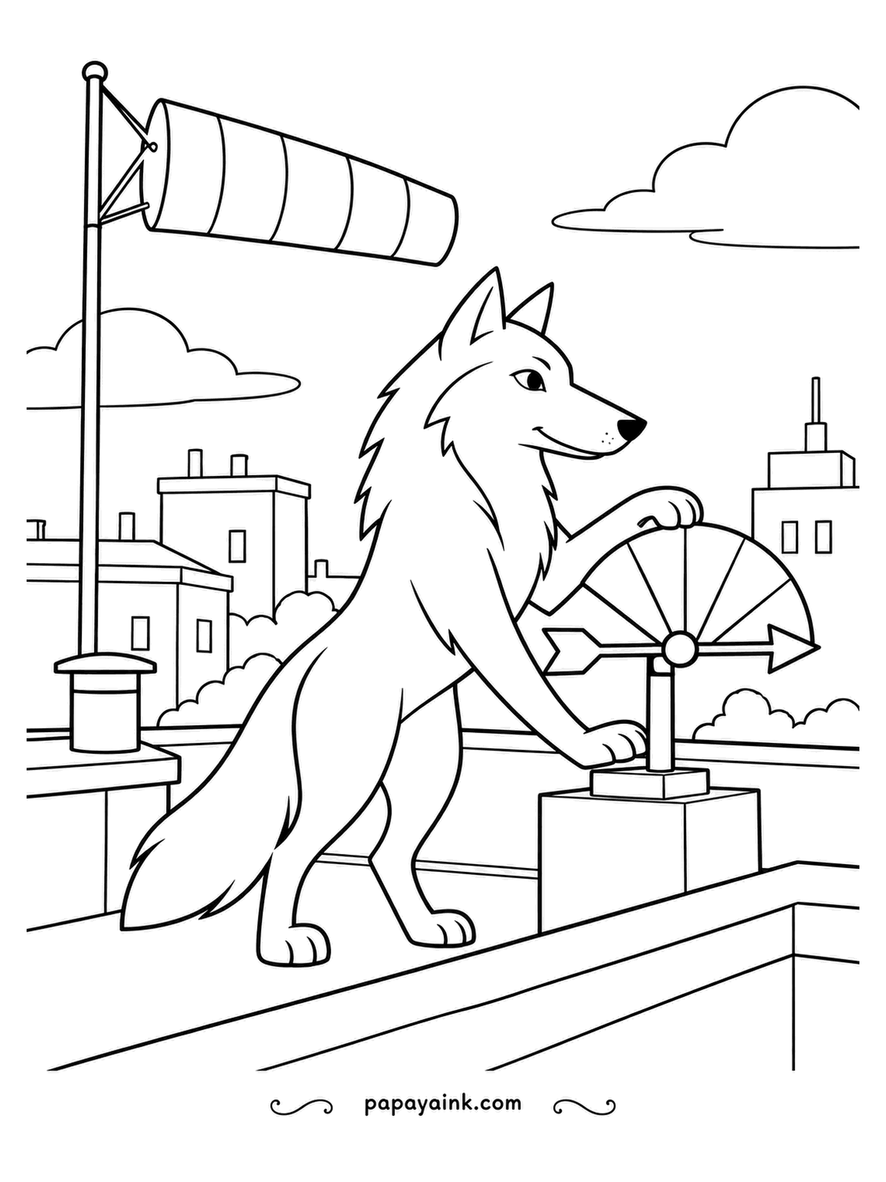 Wolf Coloring Pages - Rooftop weather duty: the windsock is full, the vane has swung round, and the wolf is checking the dial with a confident grin. City rooftops fill the background. Red and white stripes for the sock, cool slate for everything else.