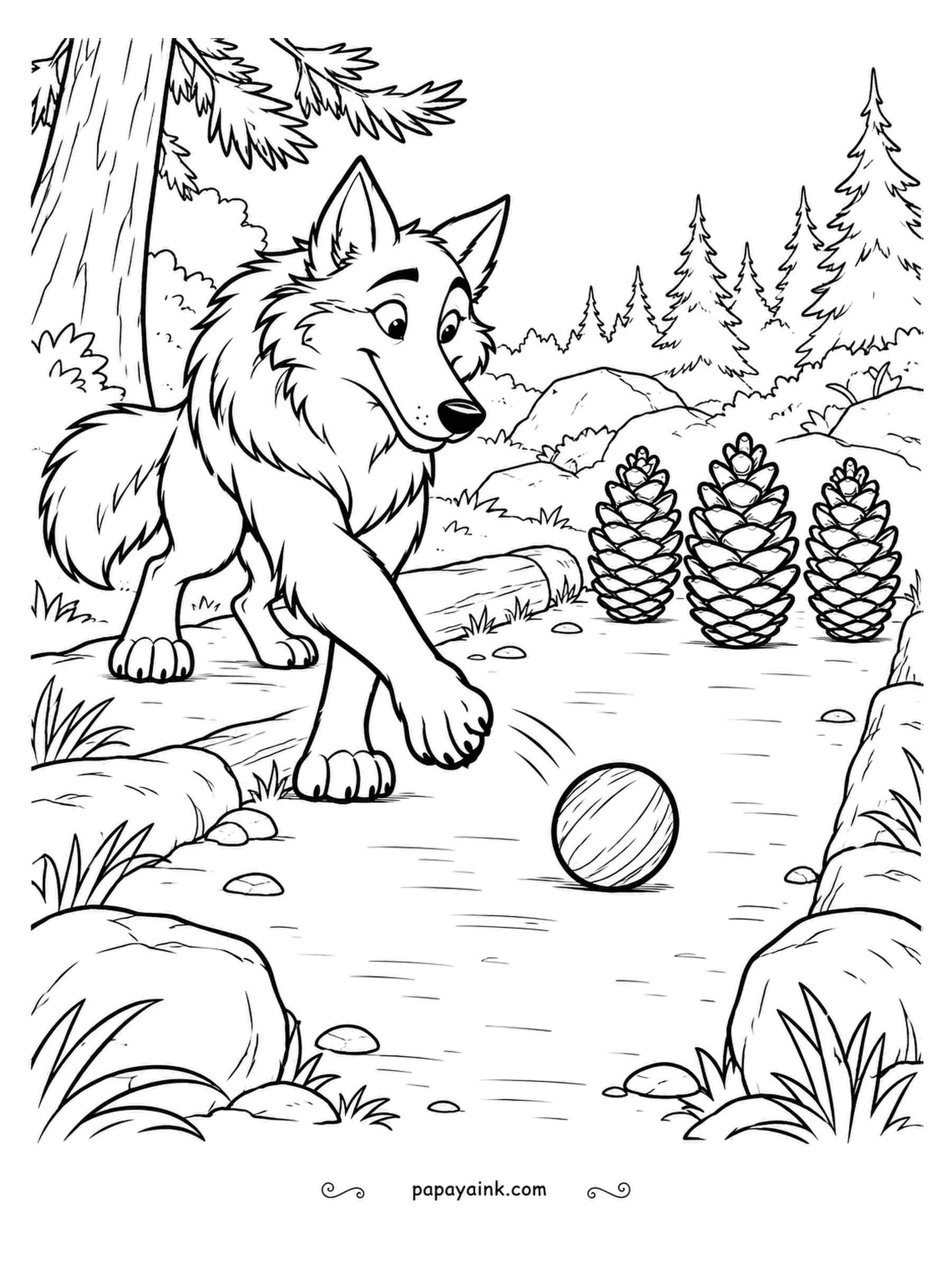 Wolf Coloring Pages - Skittles, forest style: three pinecones stand in a row and the wolf lets the ball roll down the path toward them. Judging by the grin, a strike is coming. Pine greens and warm browns throughout.
