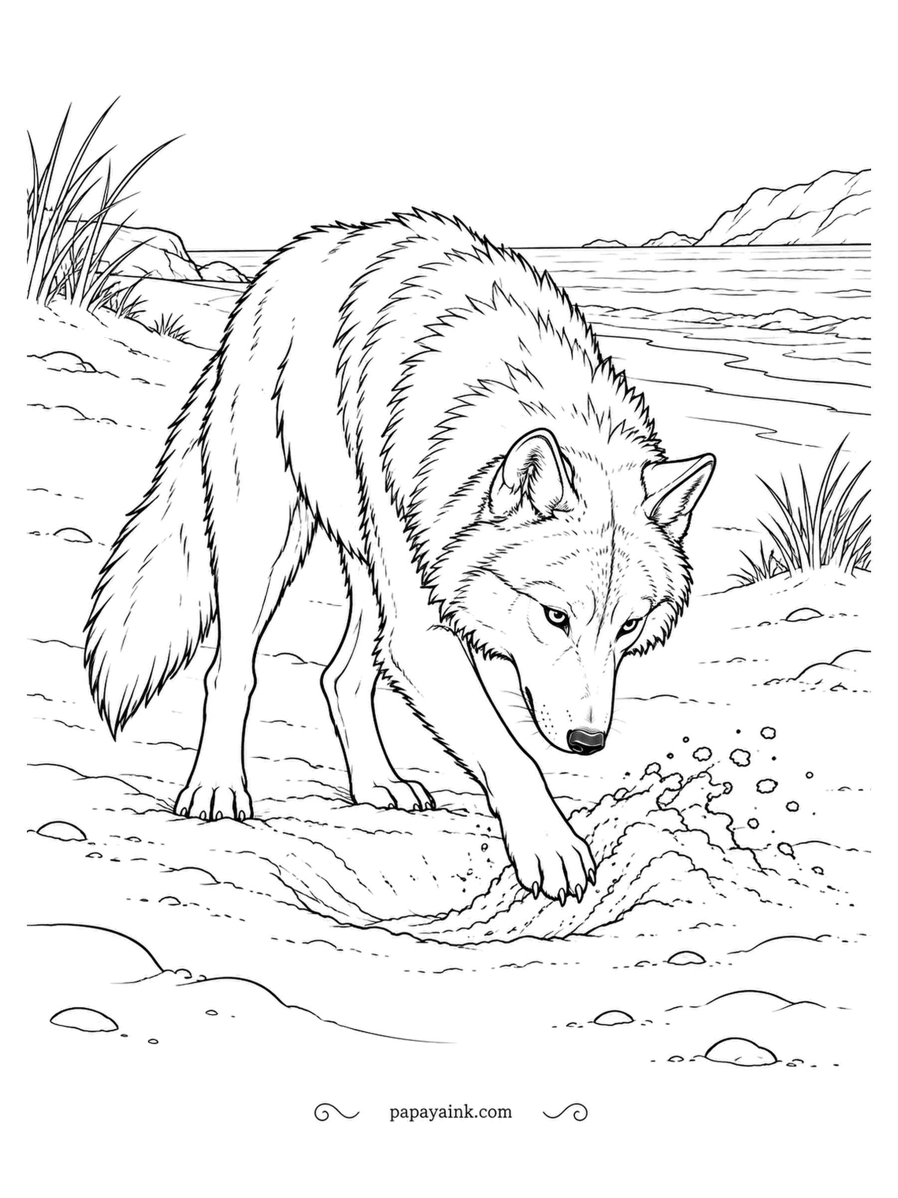 Wolf Coloring Pages - Wolves dig for all sorts of reasons - to stash food, to start a den, or just to see what is down there. This one is sending sand flying on a quiet beach. Detailed - fine fur and grainy sand texture.