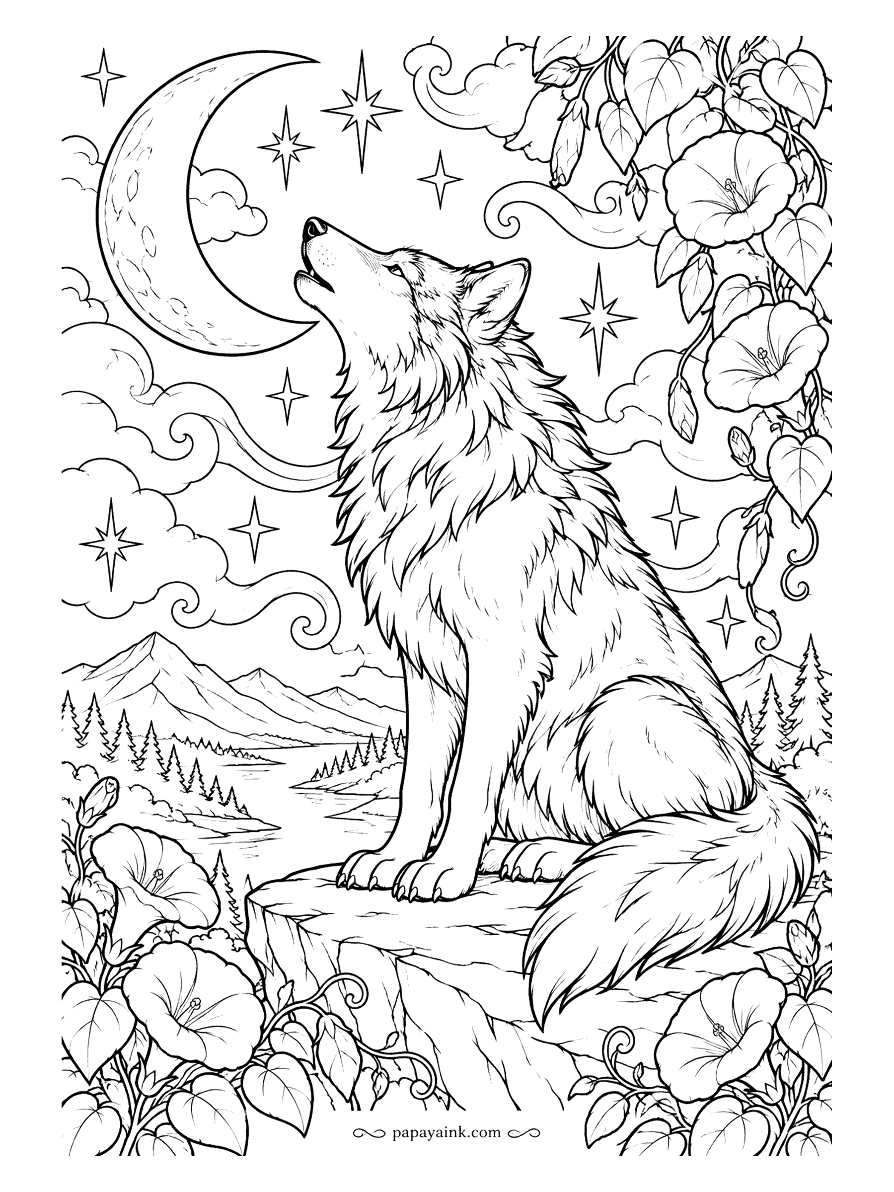 Wolf Coloring Pages - Muzzle to the sky, a wolf howls at a crescent moon from a cliff ringed with morning glories. Swirling clouds and stars fill the sky; a dark background with a white moon is the classic choice.