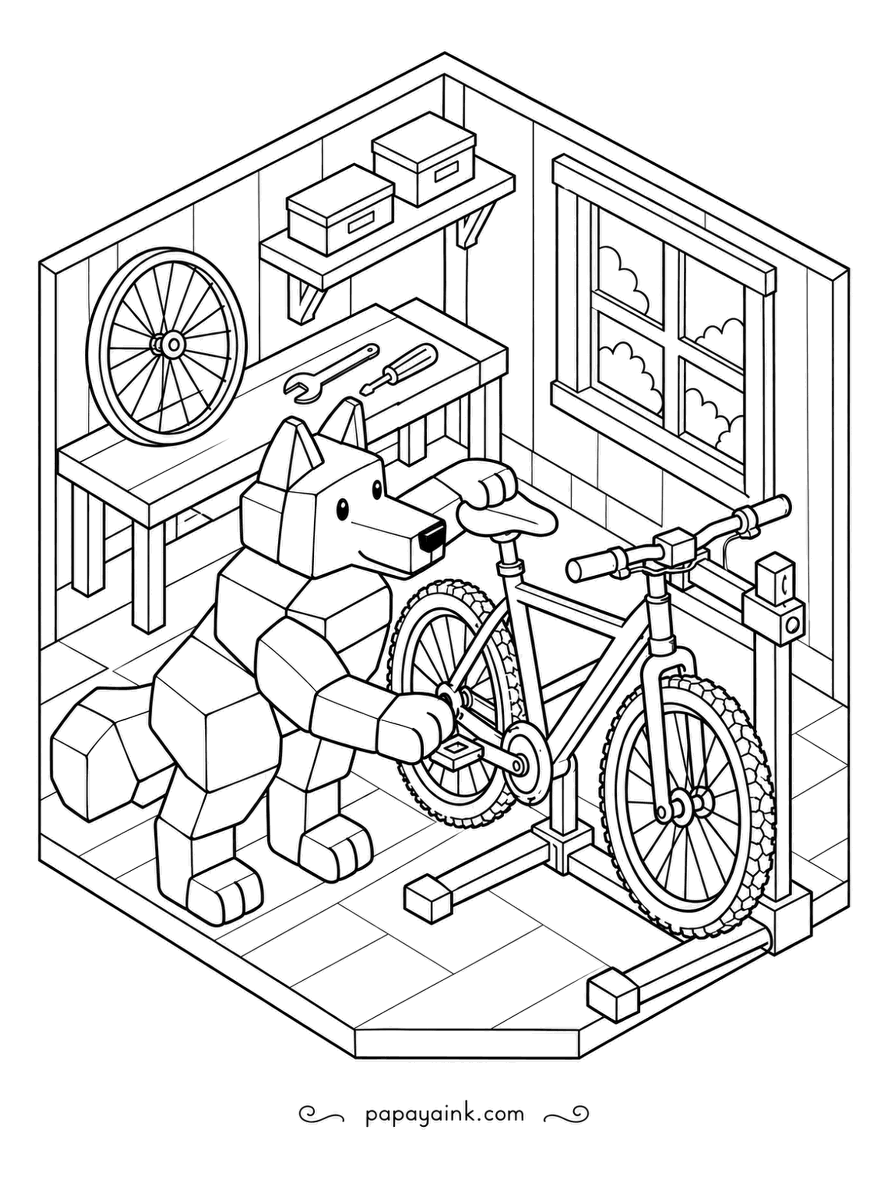 Wolf Coloring Pages - Bike up on the repair stand, a spare rim hanging on the wall, tools laid out on the bench. The boxy mechanic turns a pedal to check the chain. Bright paint for the frame, steel gray for the rest.