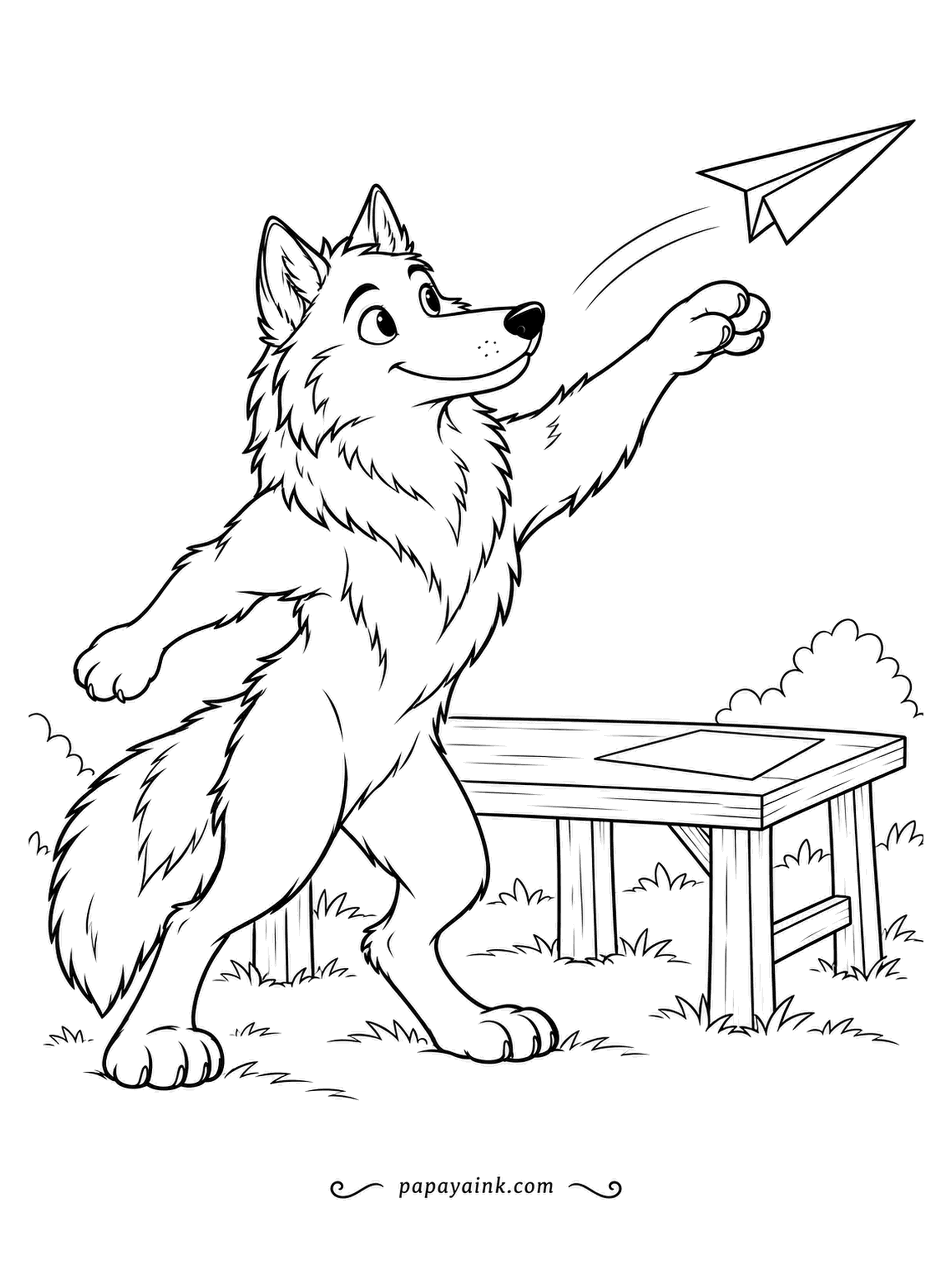 Wolf Coloring Pages - One flick of the paw and the paper airplane is off across the yard, with a spare sheet waiting on the bench. The thrower watches it go with obvious pride. Loose, sketchy fur and lots of white space.