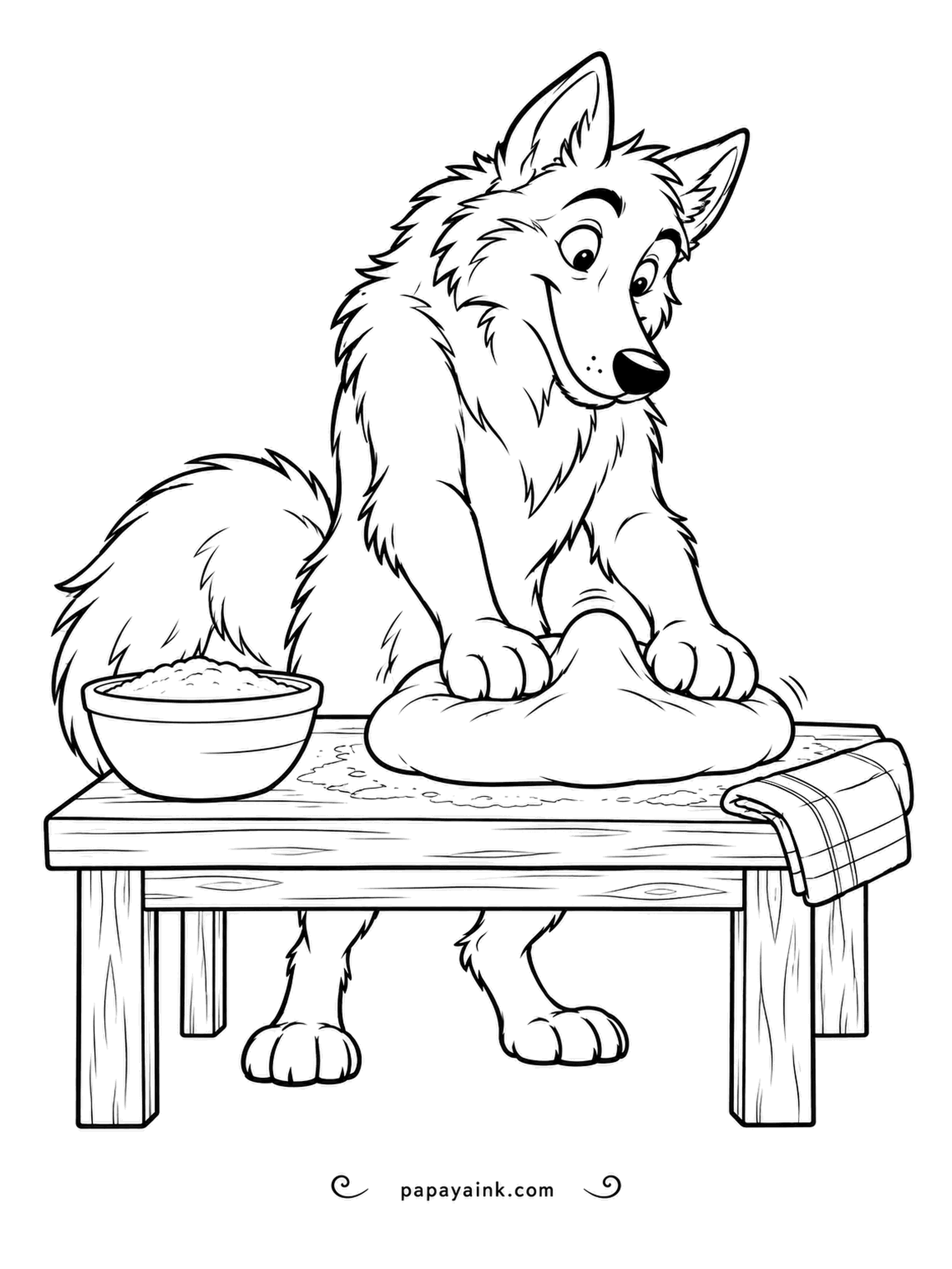 Wolf Coloring Pages - Bread dough needs a good push, and the wolf leans into it with both paws while flour dusts the table. A bowl and a checked towel stand by. Creamy beiges and dove gray - quick and calm.