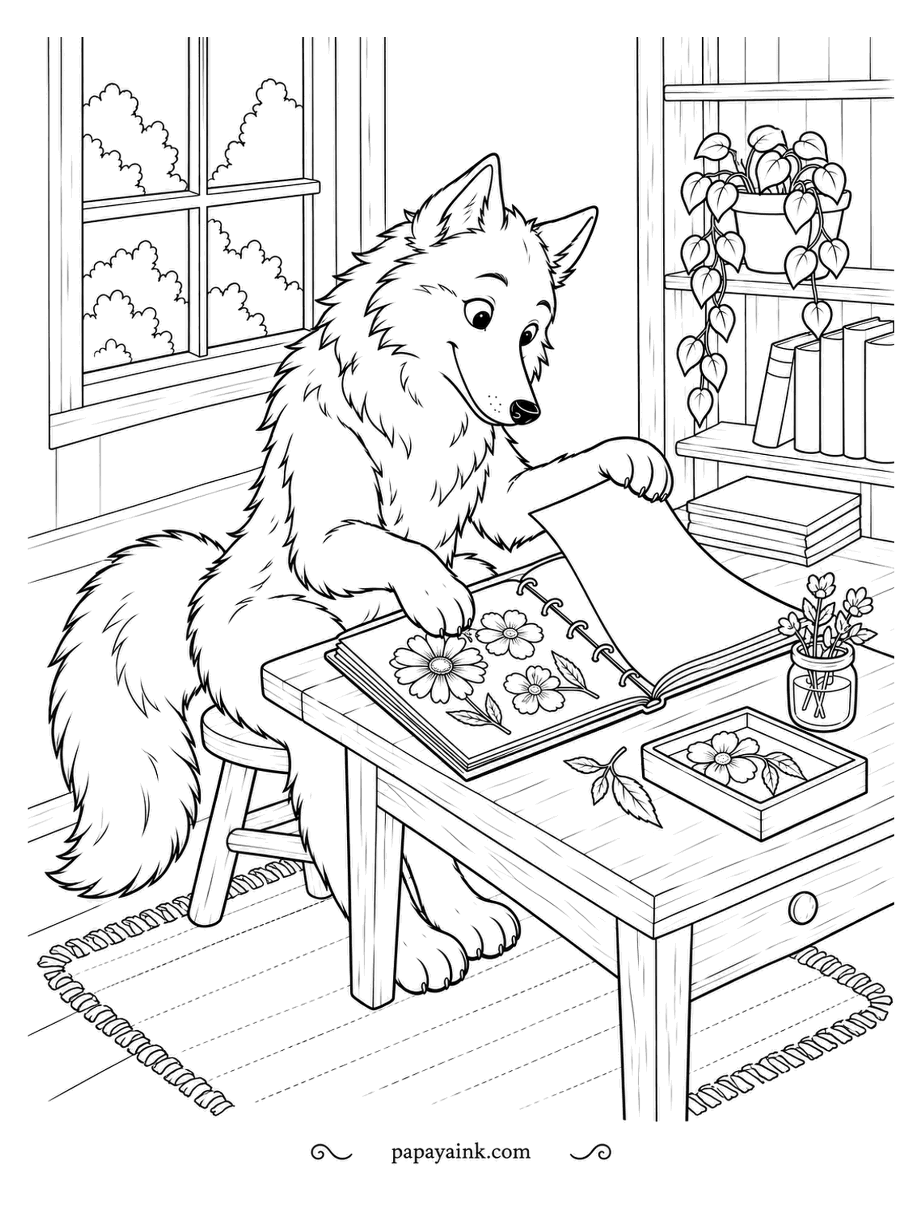 Wolf Coloring Pages - Pressed daisies go into the scrapbook one page at a time, with more drying under glass in a little box. The wolf handles each petal as if it were the last one of summer. Detailed room - window, shelves and trailing pothos.