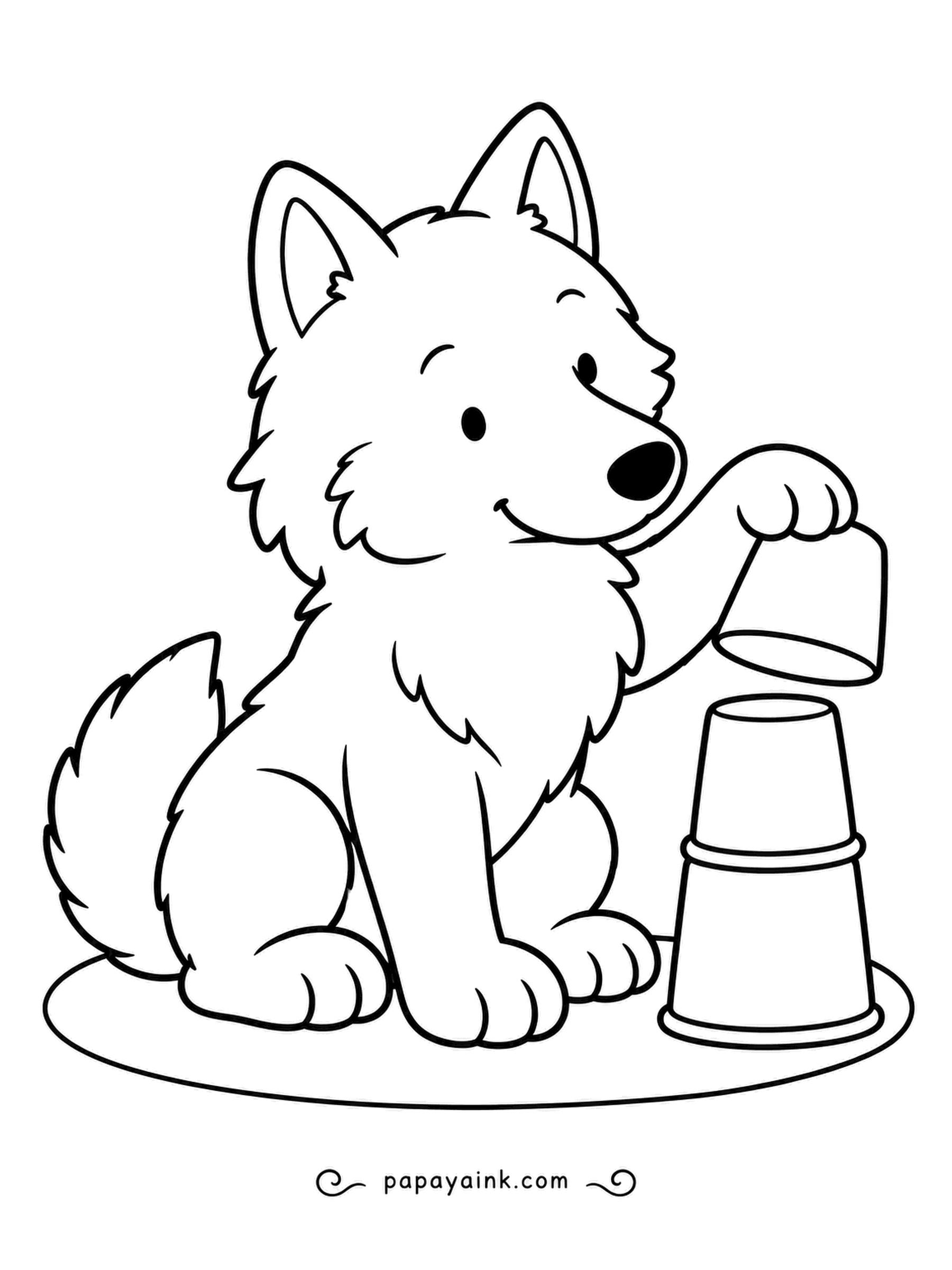 Wolf Coloring Pages - Cup on cup on cup: the wolf pup is building a tower and concentrating hard on the third level. Thick outlines and almost no background - ideal for younger colorists.