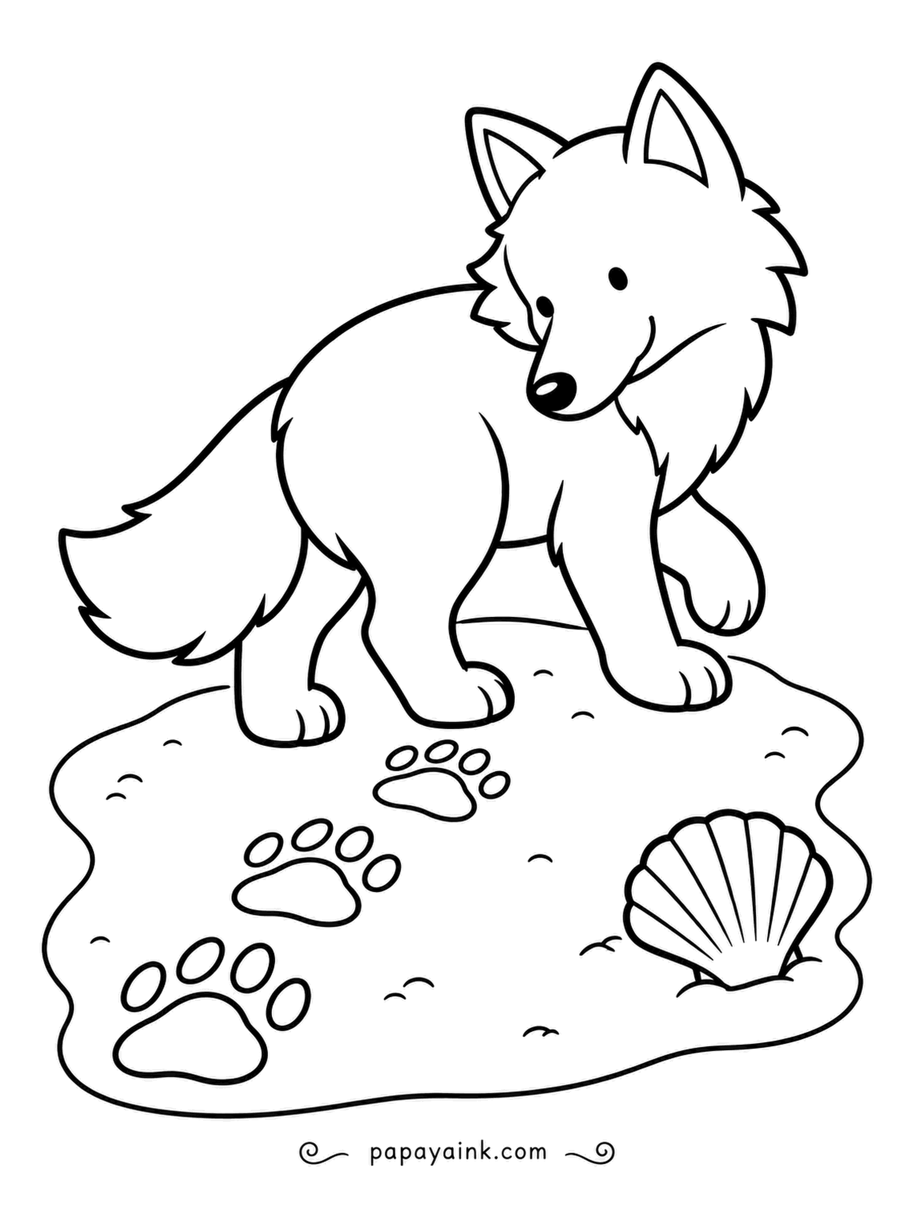 Wolf Coloring Pages - Wet sand makes the best pawprints, and the pup keeps looking back to admire the trail. A scallop shell marks the spot. Chunky outlines with lots of room - good for crayons.