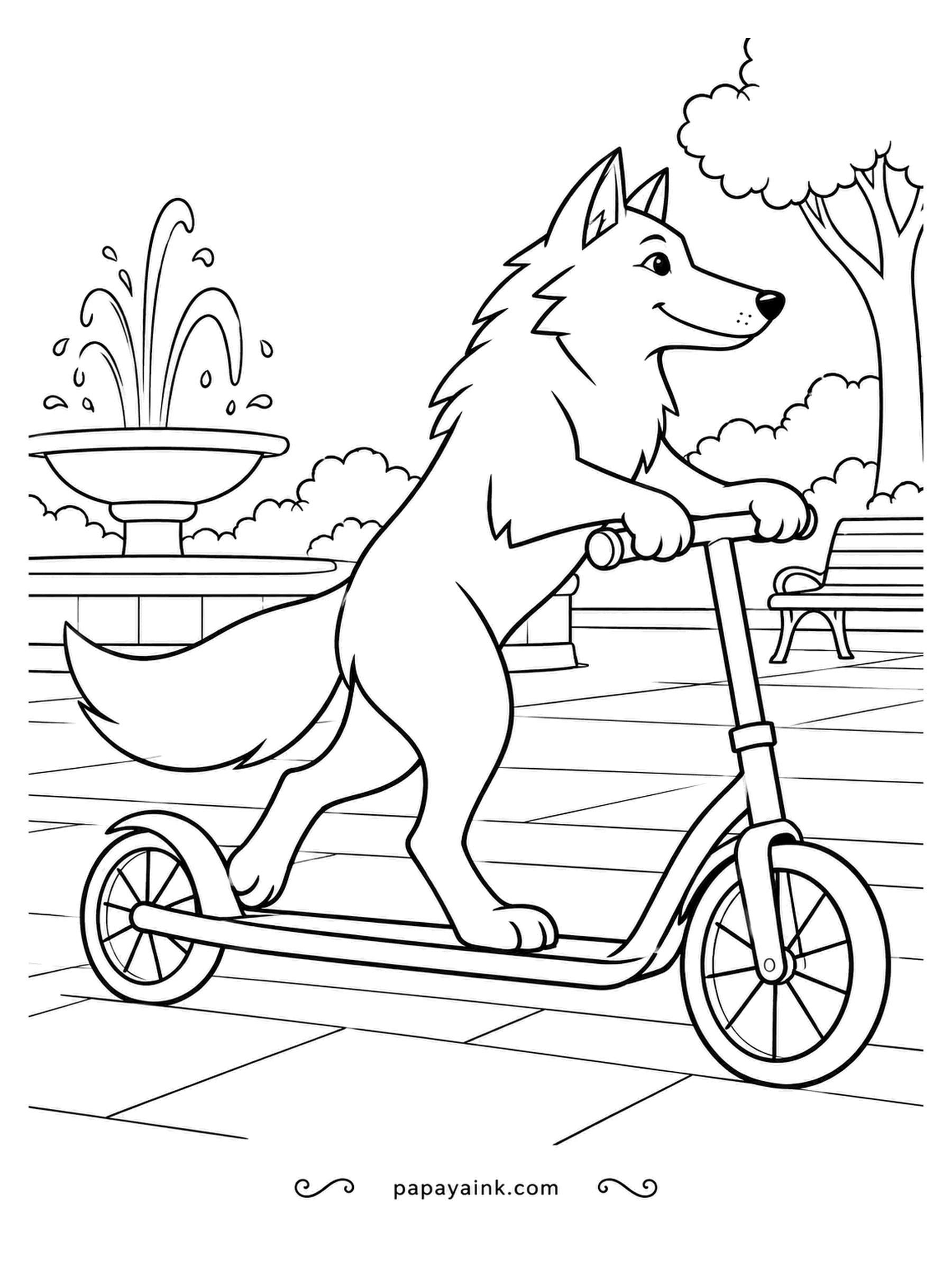 Wolf Coloring Pages - Kick, glide, repeat: the wolf scoots across the park past a fountain and a bench, looking very pleased about it. Clean outlines and open paving - an easy, breezy sheet.
