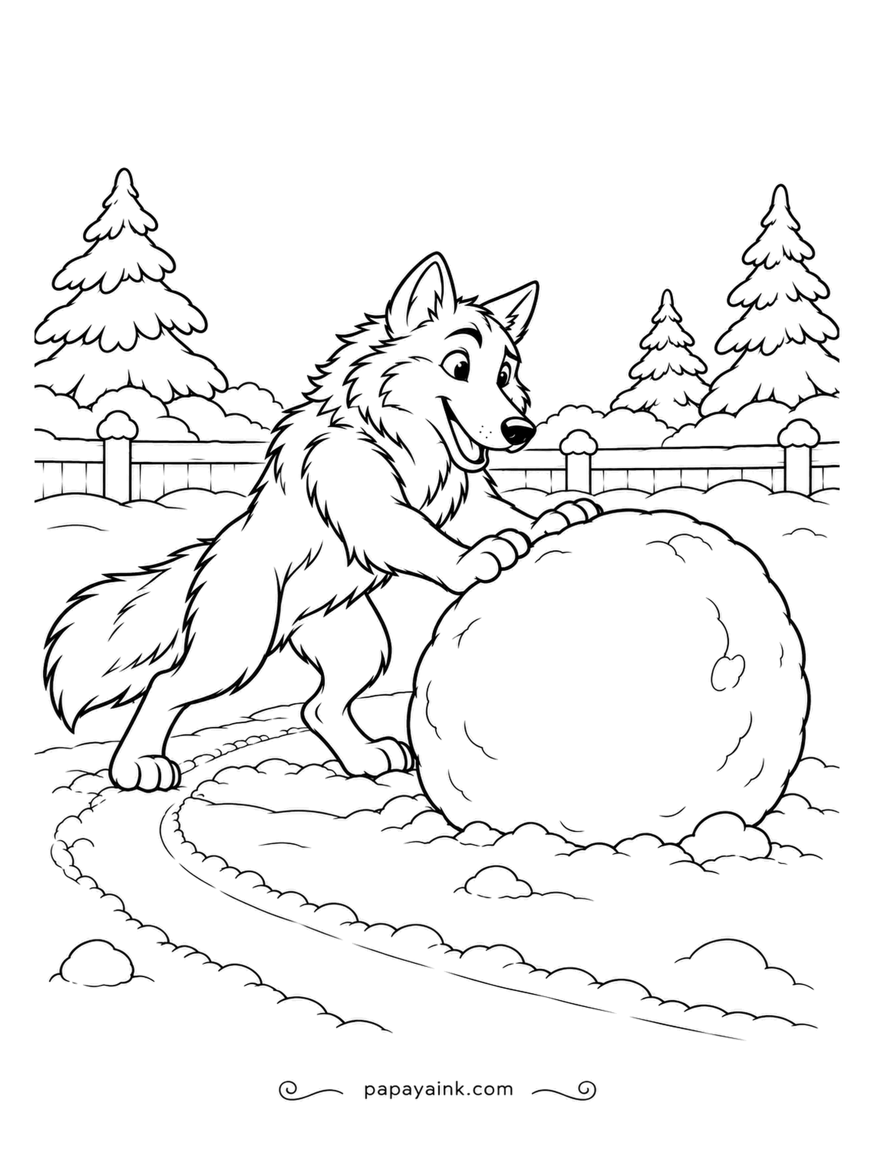 Wolf Coloring Pages - Snowballs grow fast once they get rolling, and this one is already nearly as tall as the wolf pushing it. Snowy pines and a fence finish the yard. Icy blues and plenty of white carry most of it.
