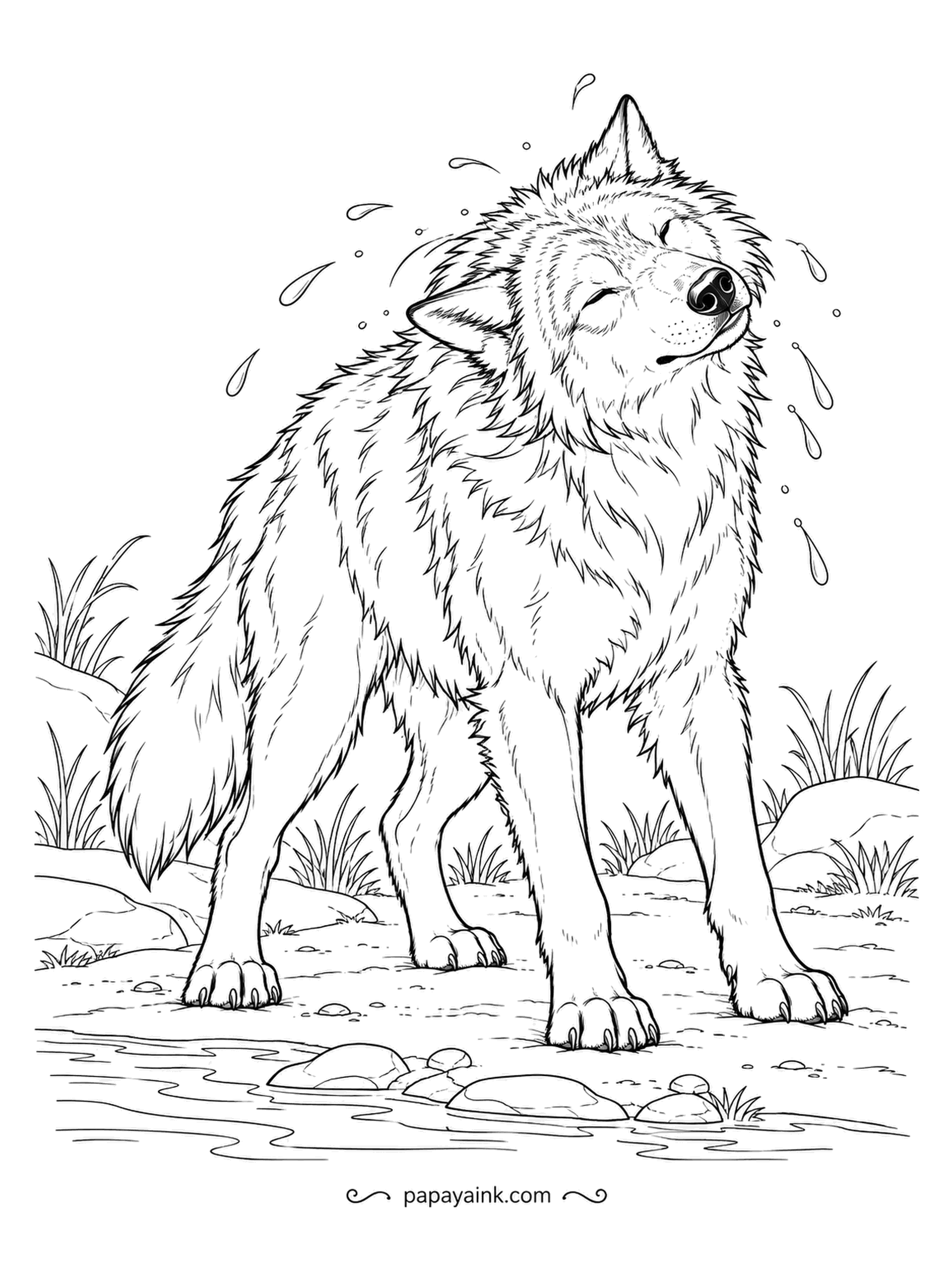 Wolf Coloring Pages - Caught in a summer shower, the wolf throws the water off in one big shake, eyes squeezed shut and droplets flying. Thick double fur takes a lot of shaking. Detailed - long, wispy strokes for the coat.