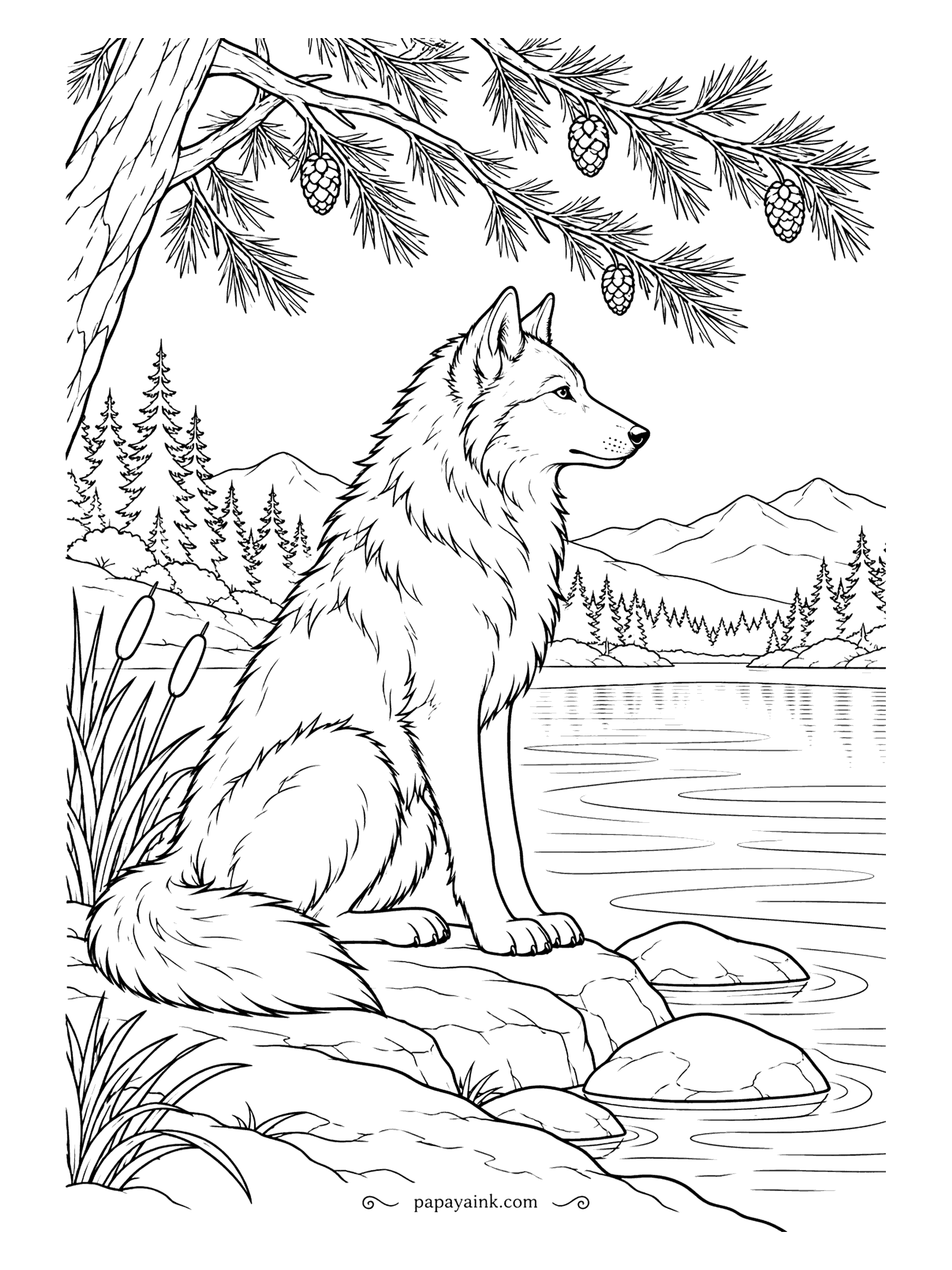 Wolf Coloring Pages - On a lakeshore rock under a pine bough heavy with cones, a wolf sits with cattails at its side and mountains across the water. Clean open shapes, easy to color, with ripples to tint pale blue.