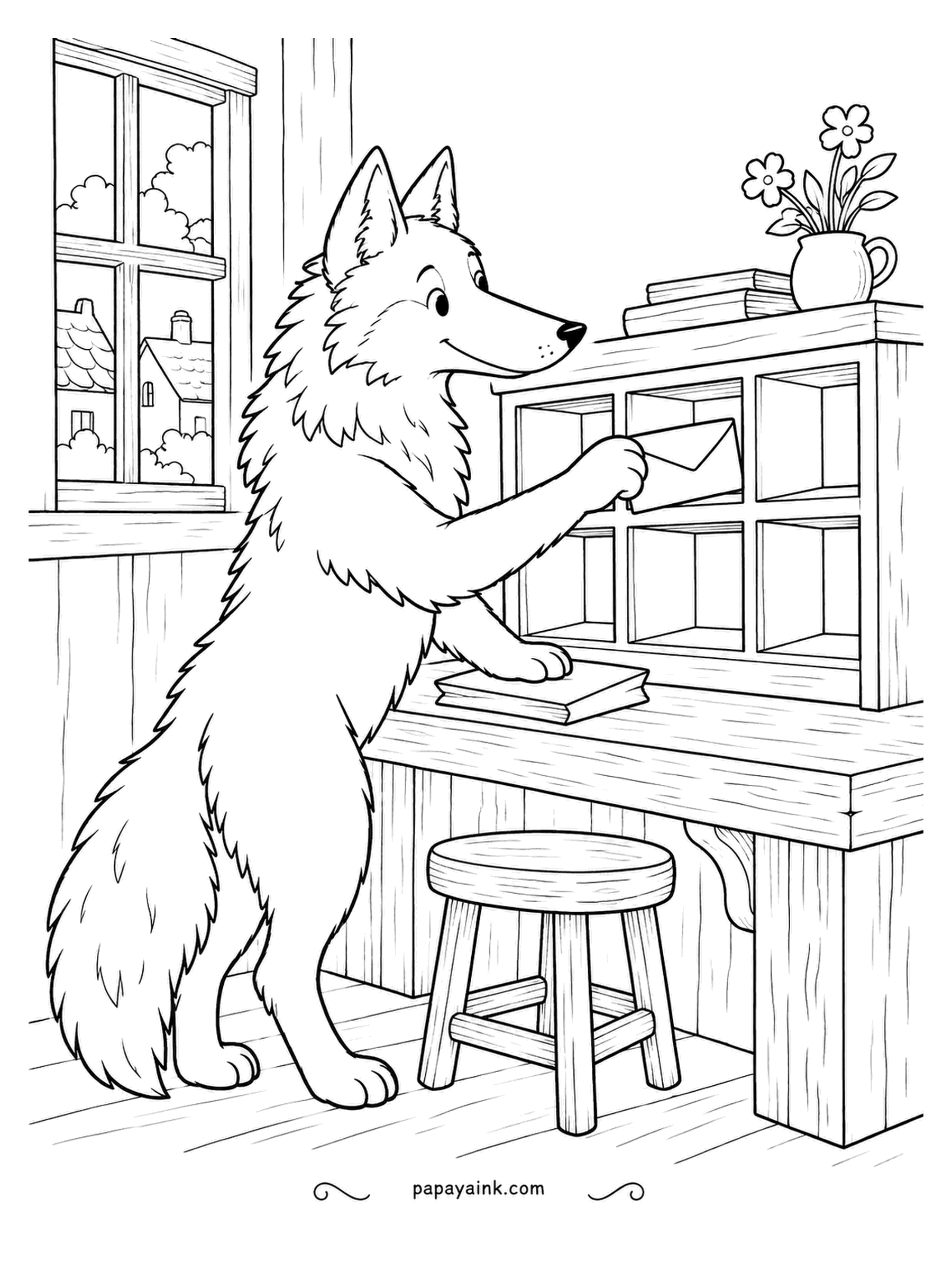 Wolf Coloring Pages - Letters go into the pigeonholes one envelope at a time at the village post desk. The new clerk takes the job seriously, with a stool nearby for long shifts. Wood browns and soft cream for the paper.