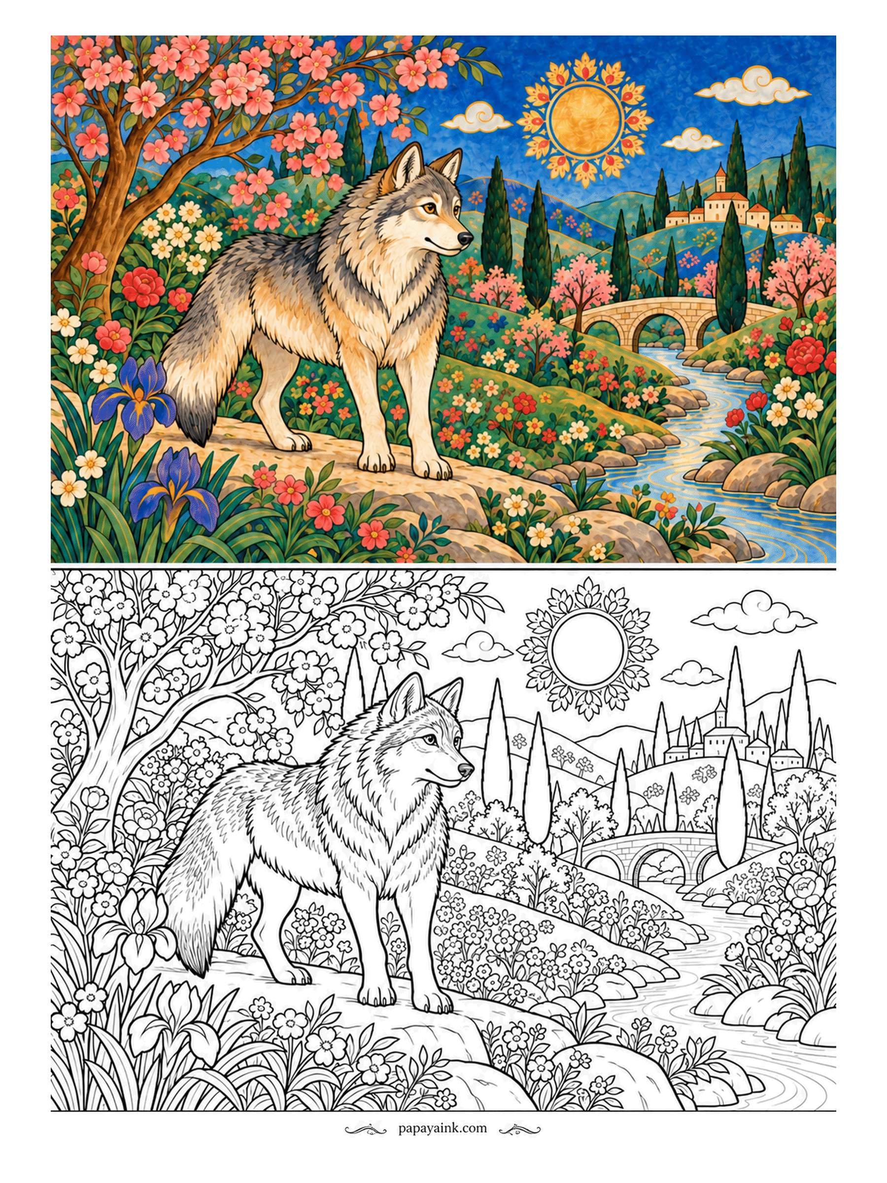 Wolf Coloring Pages - Halfway along the stone path, a gray wolf looks back along the water as if he expected company, the hilltop village small in the distance. Detailed - layer silver, tan and white strokes through the coat and give the eyes amber.