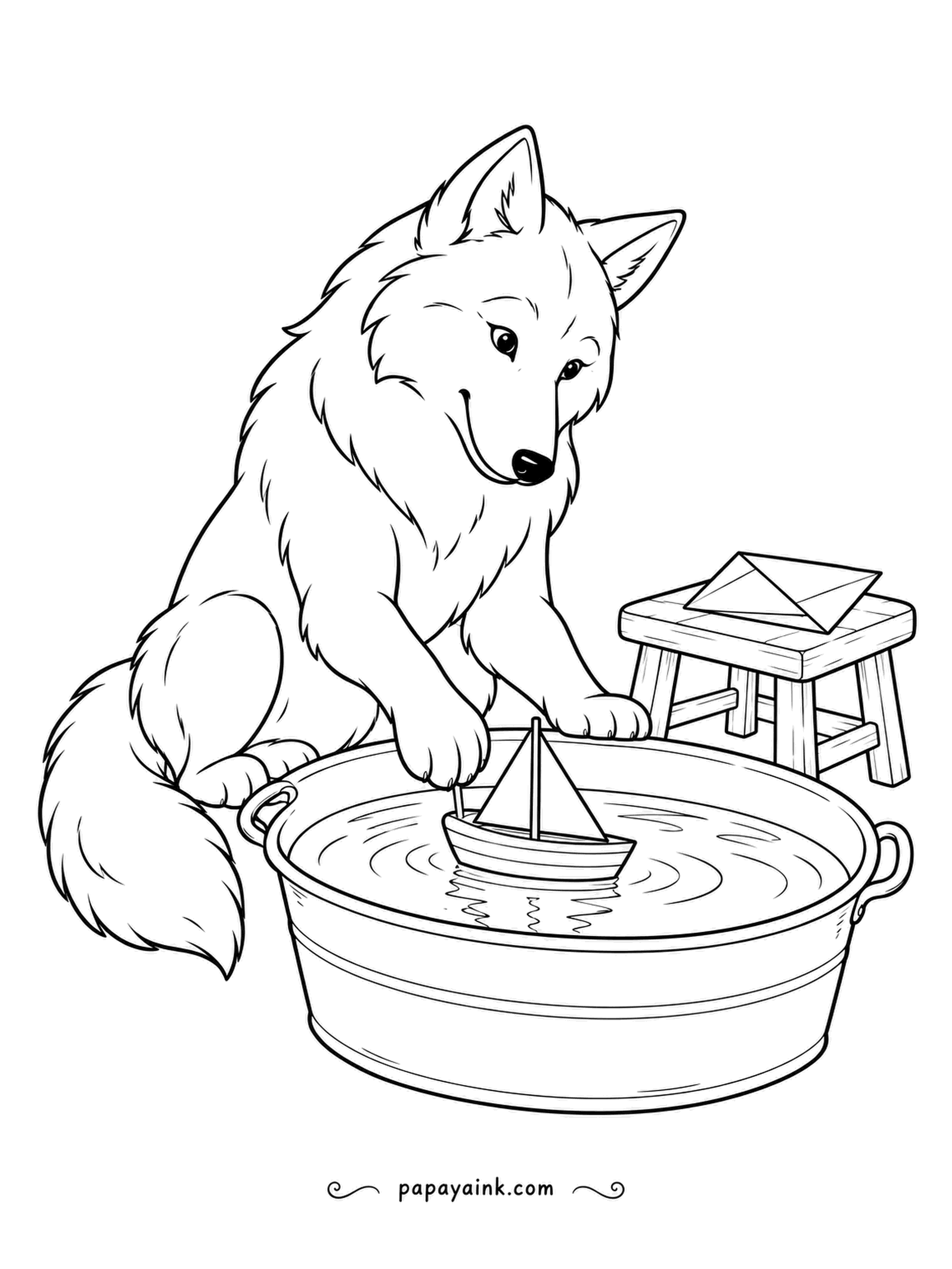 Wolf Coloring Pages - The test pool is a washtub, the boat is homemade, and the wolf is nudging it along with one careful paw. A folded sail waits on the stool for version two. Simple shapes, light detail.