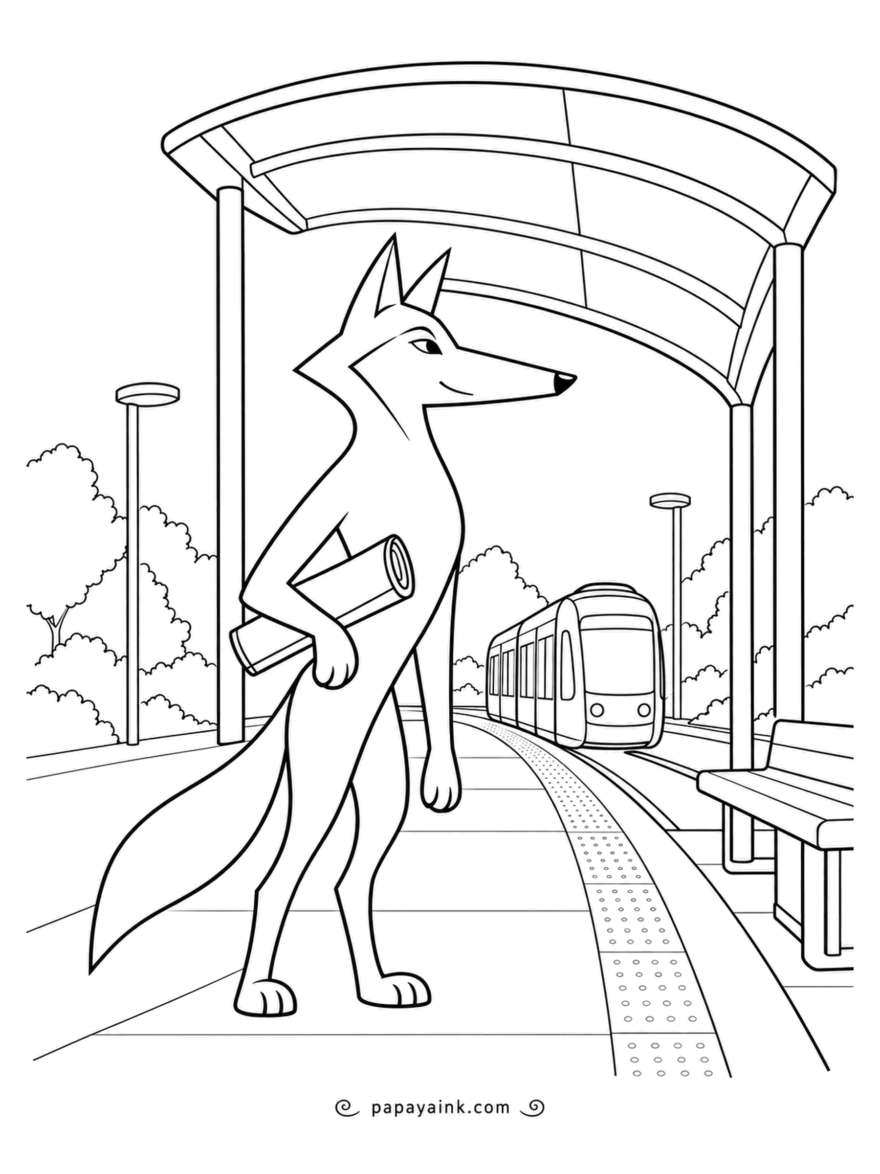 Wolf Coloring Pages - Rolled-up plans under one arm, the wolf waits beneath a curved shelter as the tram glides in. Clean, modern lines throughout; try cool blues and silvers for the city.