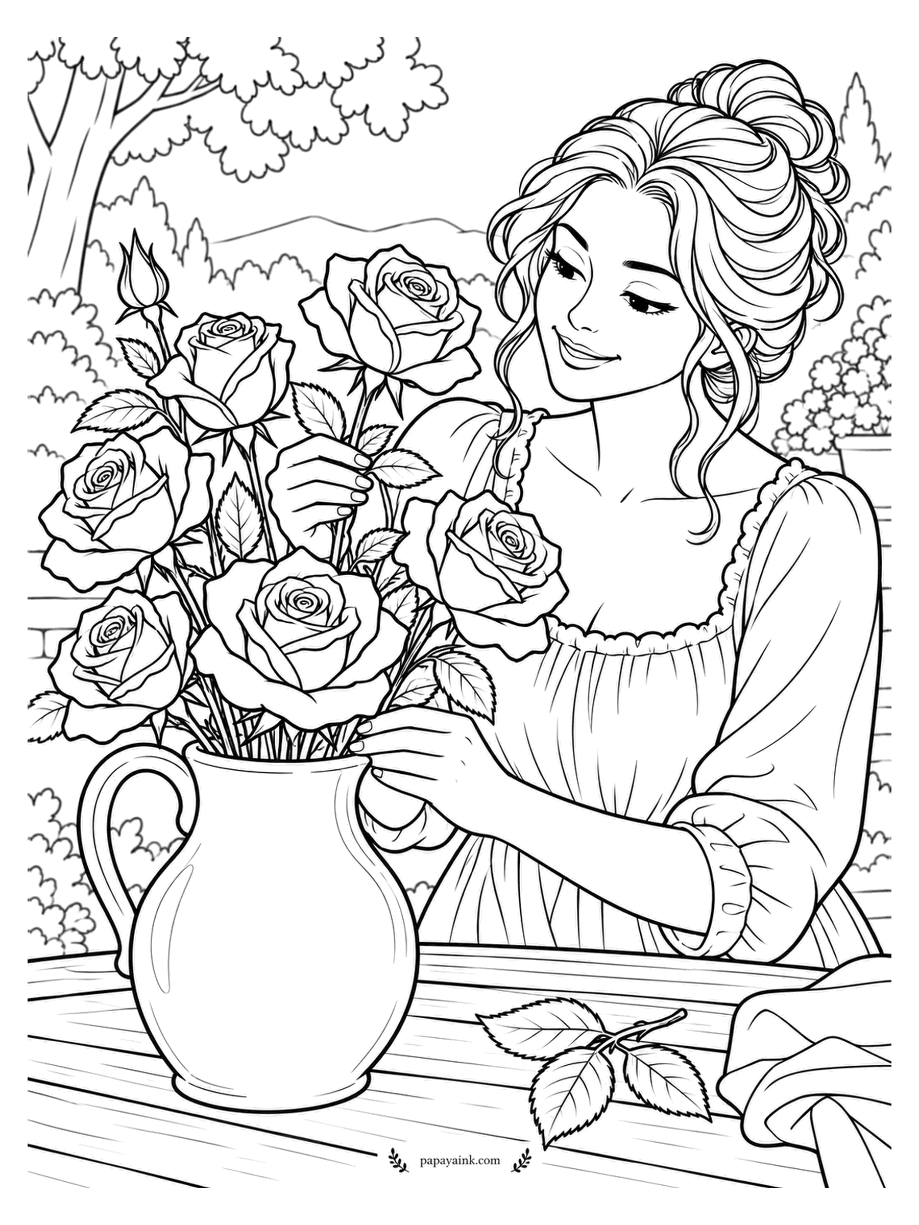 Rose Coloring Pages - She is on her fourth or fifth turn of the same stem, because arranging roses is mostly about angles. A tall pitcher, a plank table and a ruffled blouse make a gentle portrait. Try warm skin tones against cool greens.