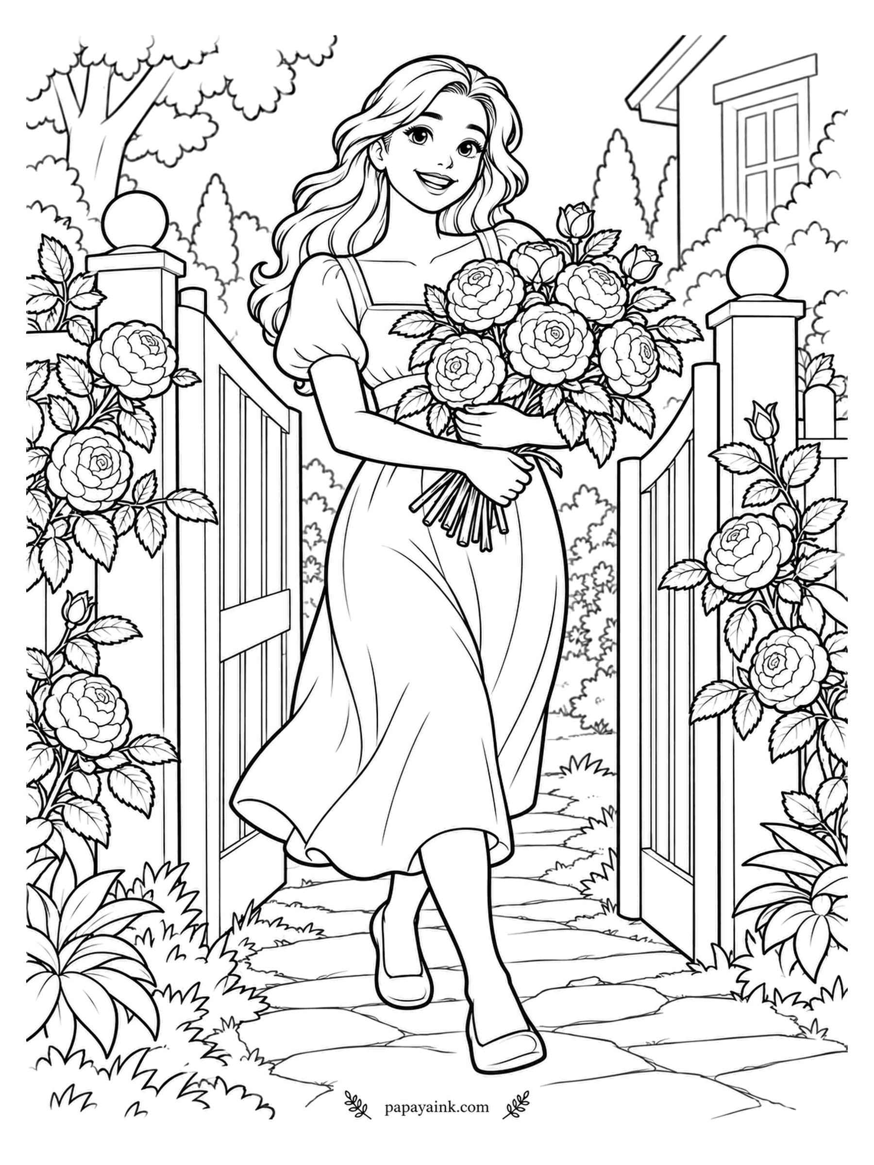 Rose Coloring Pages - Walking out through the garden gate with a bouquet that was clearly never bought in a shop. Roses climb the gateposts on both sides, and the house waits at the top of the path. A flowing skirt to shade in soft folds.