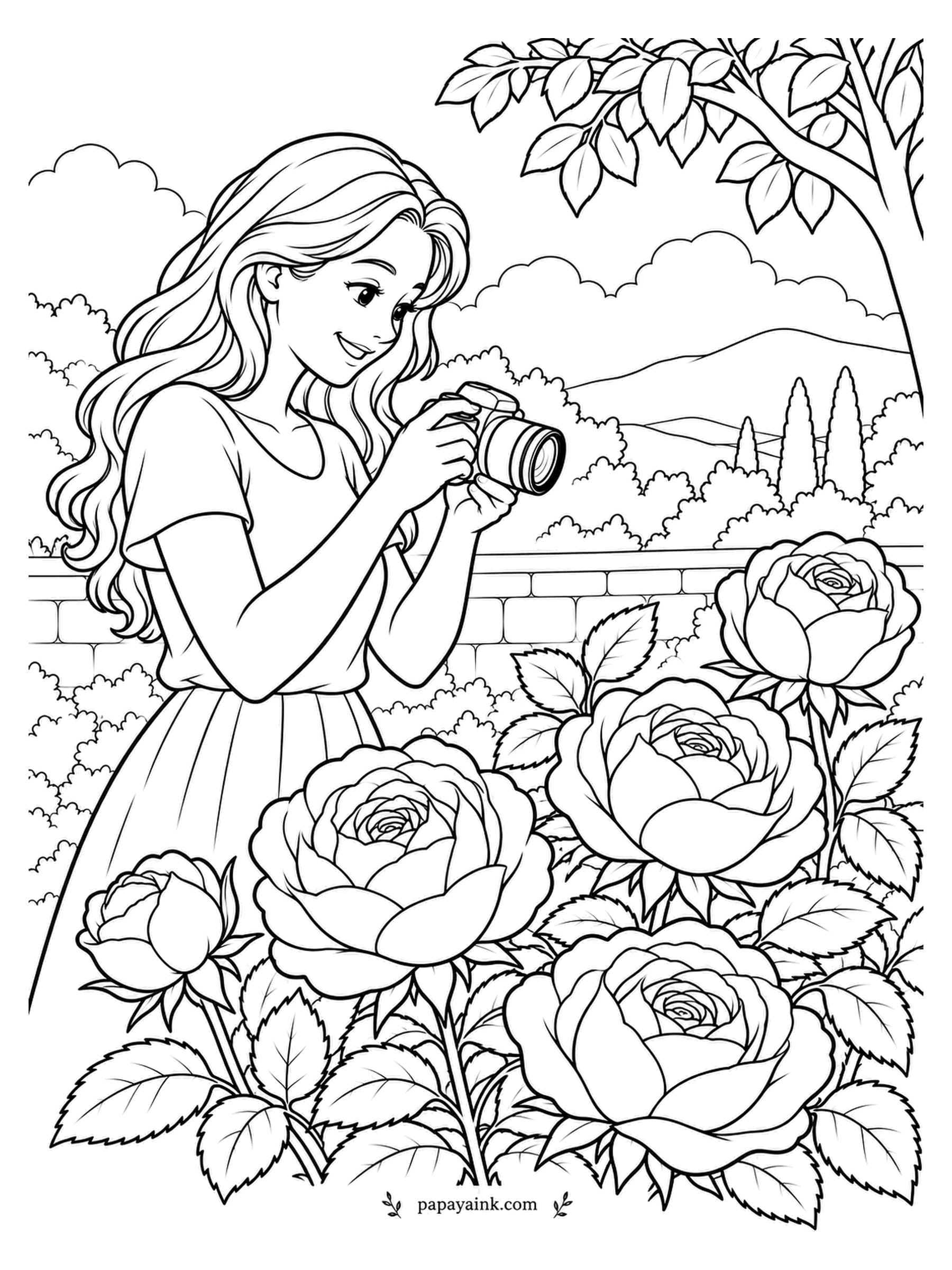 Rose Coloring Pages - Rose gardeners all end up with thousands of photos of the same bush in slightly different light. This one is just starting her collection, camera held close. Big roses in the foreground, a low wall and hills in the distance.