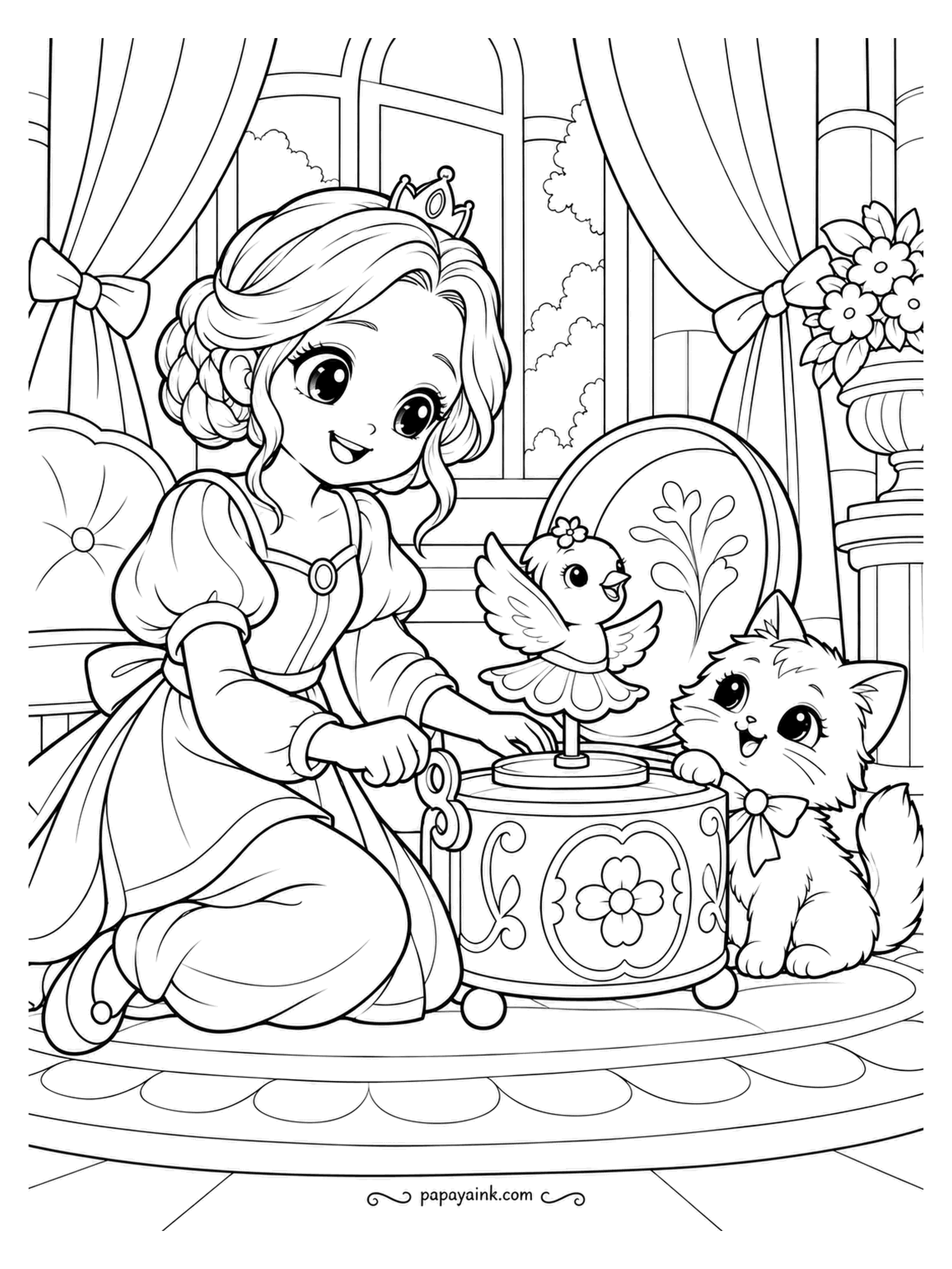 Kawaii Princess Coloring Pages - Wind the key and the wooden bird turns. The princess kneels on the carpet and gives it one more turn, and the kitten has stopped mid-step to see what the bird will do. Round box with a flower on it - add a gold rim.
