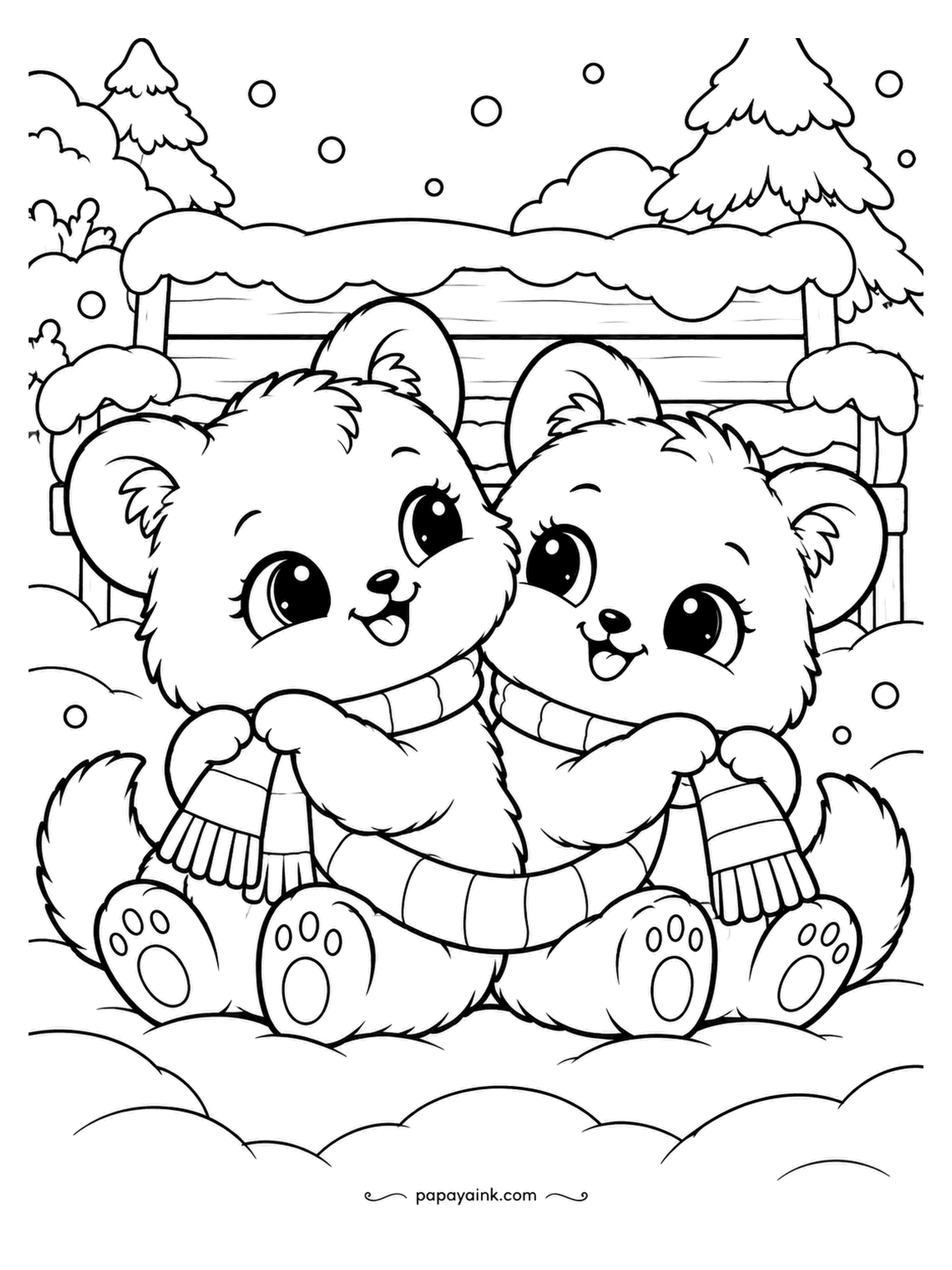 Kawaii Winter Coloring Pages - Two bear cubs in one scarf, hugging under a shelter, and the scarf is doing most of the holding. Striped, obviously. Give each cub a slightly different brown so the hug reads as two. Detailed.