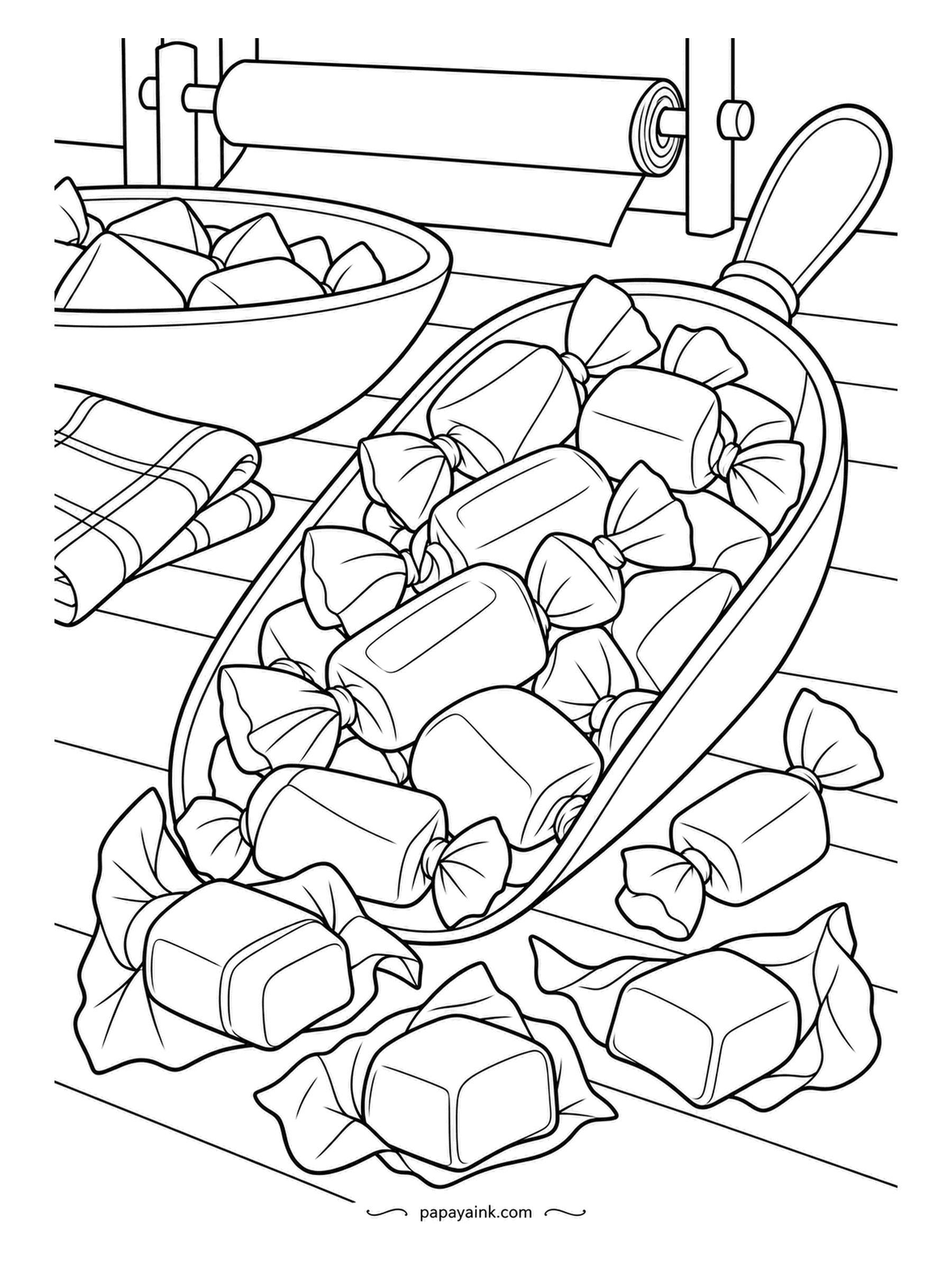 Candy Coloring Pages - Sweets, each in its twist of paper, slide out of a wooden scoop on the confectioner's bench, a rolling pin and a basin of more nearby, a couple of bare ones on crumpled papers at the edge. Detailed - lots of little twists.