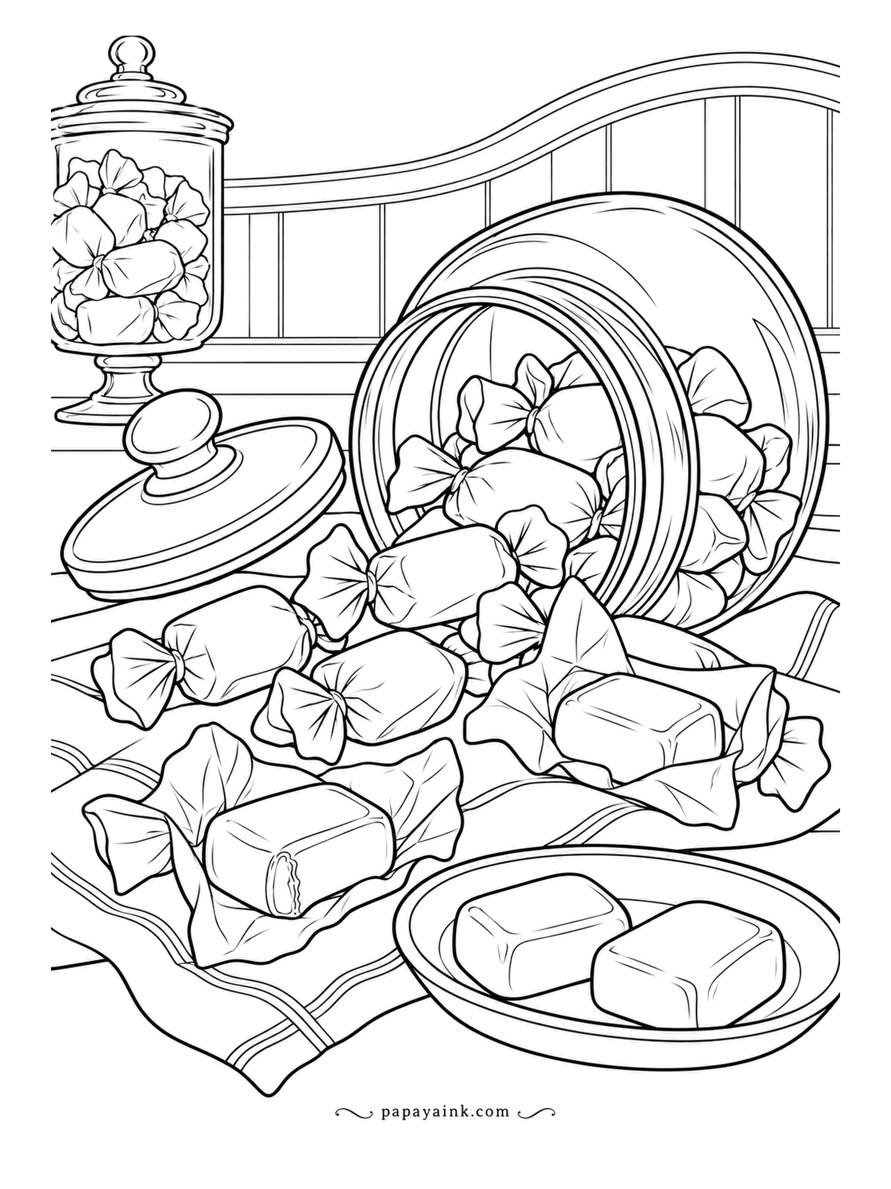 Candy Coloring Pages - Somebody knocked the jar over and the wrapped taffy went with it, past the lid and across the cloth. The tall one in the corner stayed upright. Two bare chews sit on a plate in front - the one spot for a plain toffee brown.