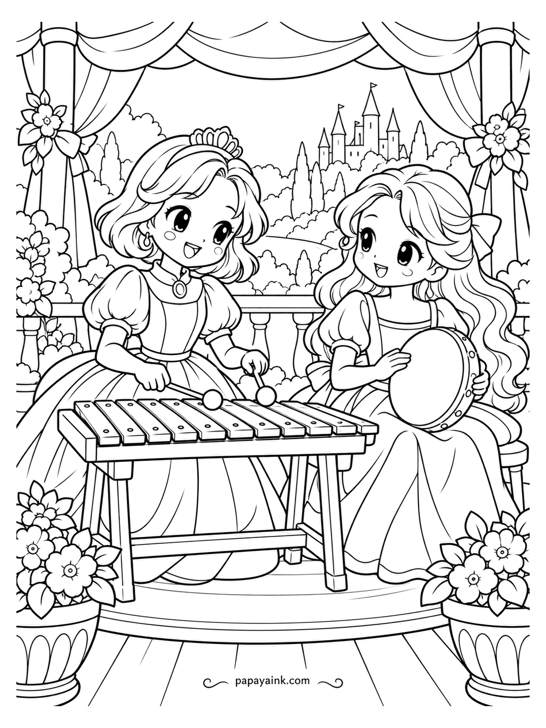 Kawaii Princess Coloring Pages - Duet on the terrace: xylophone and tambourine. The princess at the keys has a mallet in each hand, her friend keeps time with the tambourine, and the castle down the valley gets the concert for free. Bars in rainbow order, longest to shortest.