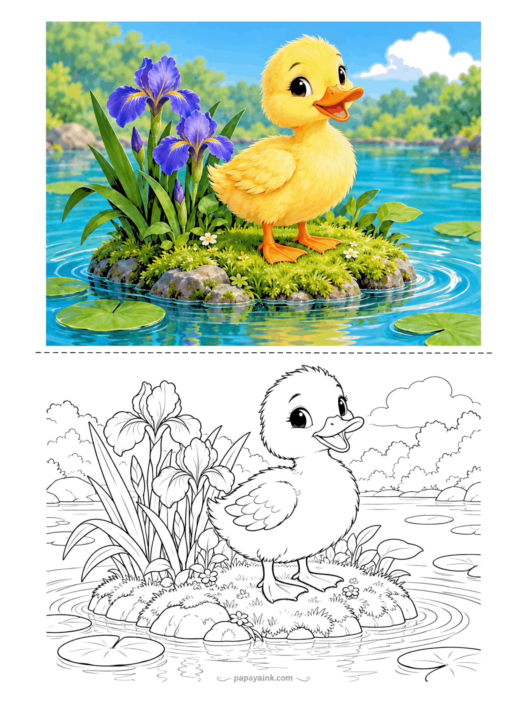 Duck Coloring Pages - Purple irises, blue water, and in the middle of it all one very yellow duckling on a mossy islet. Lily pads drift at the edges, a small cloud sits over the trees. Let the irises carry the strong color here.