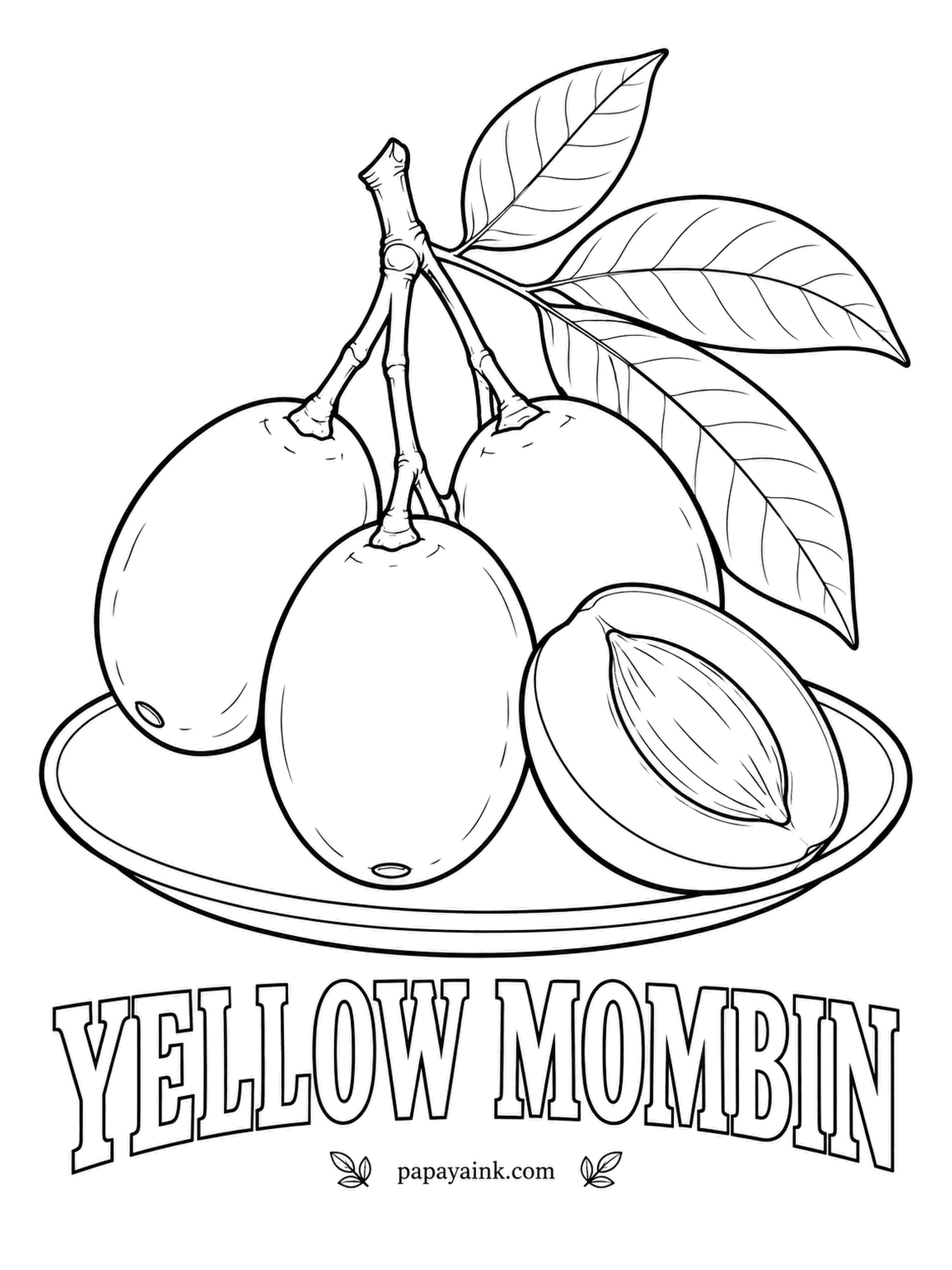 Printable Fruit Coloring Pages - Ripe fruit falls on its own, so yellow mombins are usually gathered straight off the ground. Golden yellow skin, a thin juicy layer of yellow flesh, and a fibrous stone that fills most of the inside.