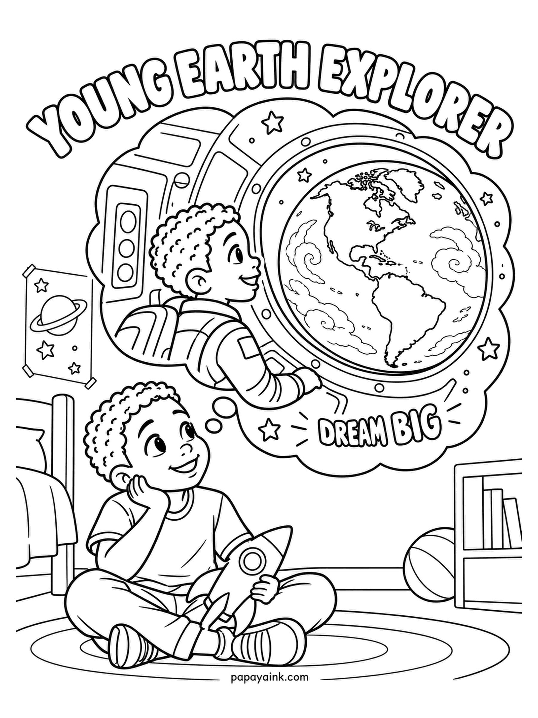 Earth Coloring Pages - A boy on his bedroom floor holds a toy rocket and imagines himself at a spacecraft window with Earth outside, a thought bubble labeled dream big over his head. Bedroom in warm colors, the dream in cool space blues, so the two worlds stay apart.