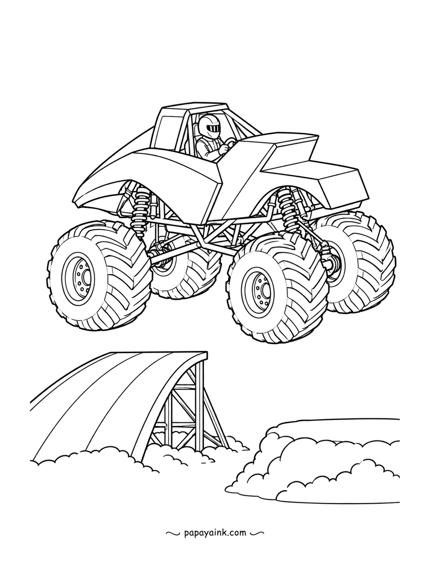Monster Truck Coloring Pages - Off the ramp and into the air, the z-folded racer clears a cloud bank with all four tires up. Wooden ramp trestle below, helmet visible in the cockpit. Sky and clouds only - fast page.
