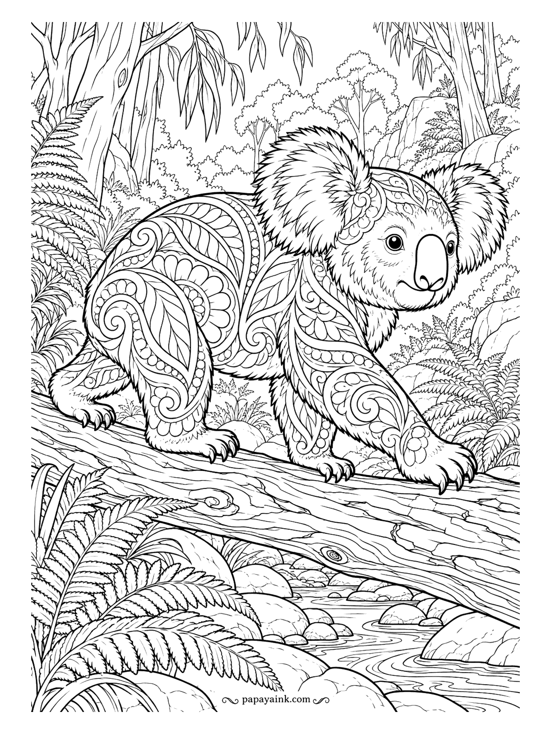 Koala Coloring Pages - Paisley swirls, scales and dotted bands cover this koala from ears to toes as it walks along a fallen log. Ferns on both sides, a creek below. Fine-tip pens, one pattern at a time. Detailed.