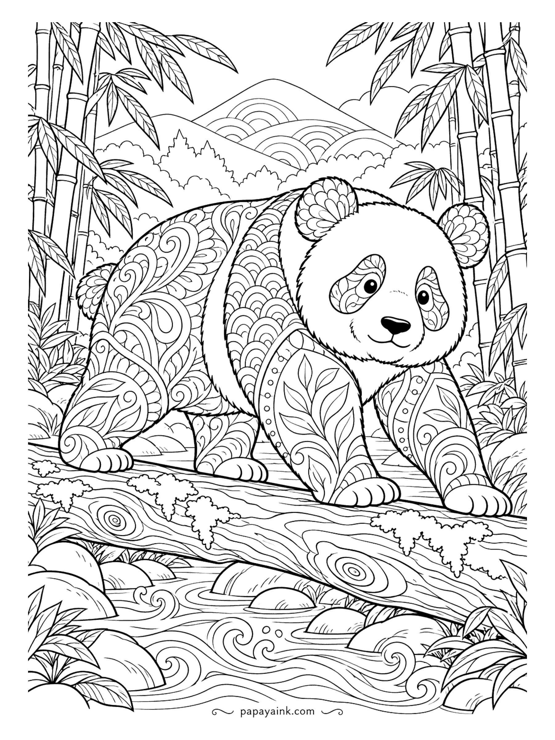 Panda Coloring Pages - Scrolls, scales and leaf patterns fill the panda's black patches as it crosses a mossy log over a stream. Fine liners for the tangles, then a wash of color around them. Detailed.