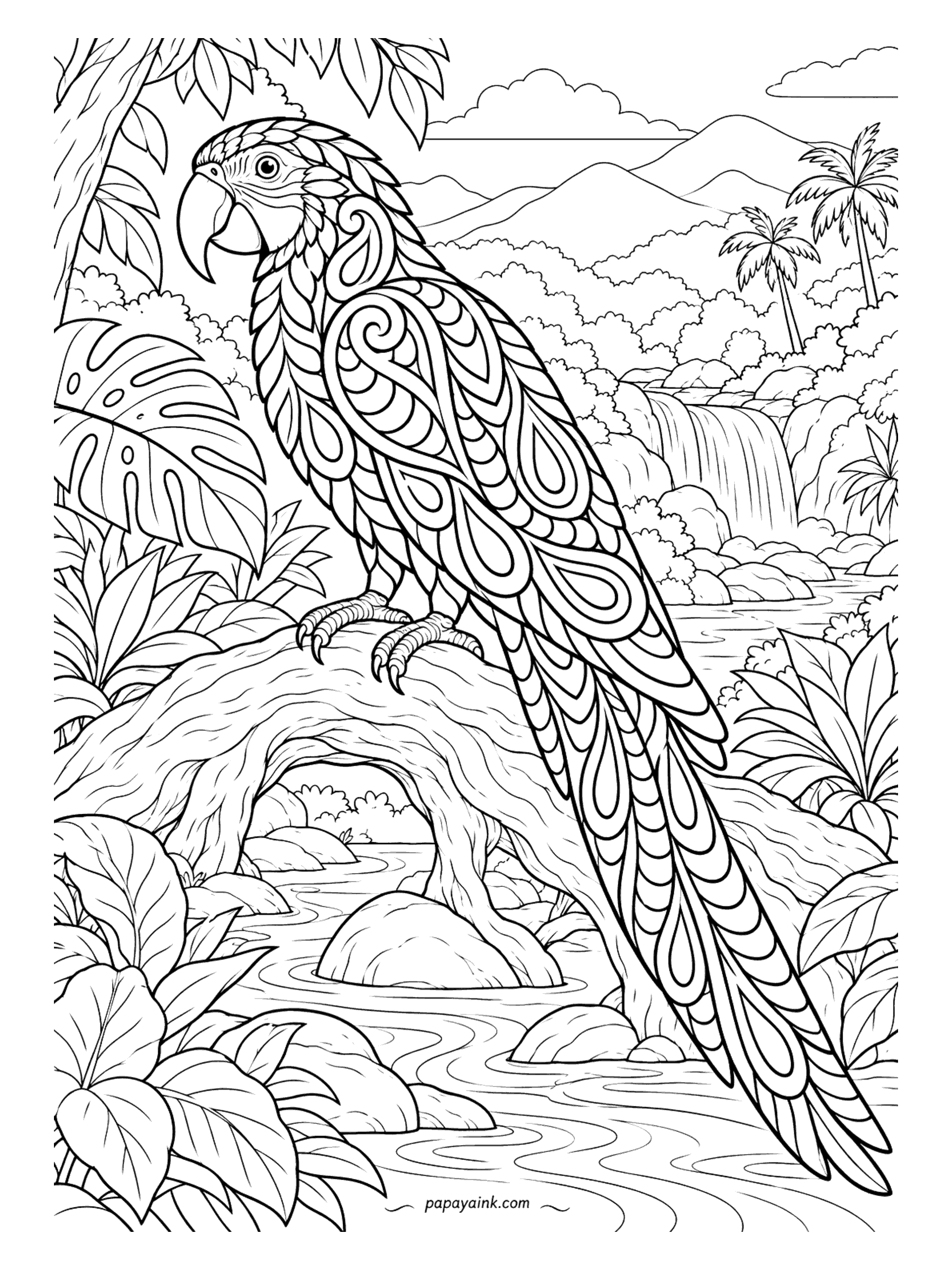 Parrot Coloring Pages - Paisley, scallops and stripes fill this zentangle macaw from crest to tail, set against a plain jungle with a waterfall behind. Ink the patterns in black first, then color the background.