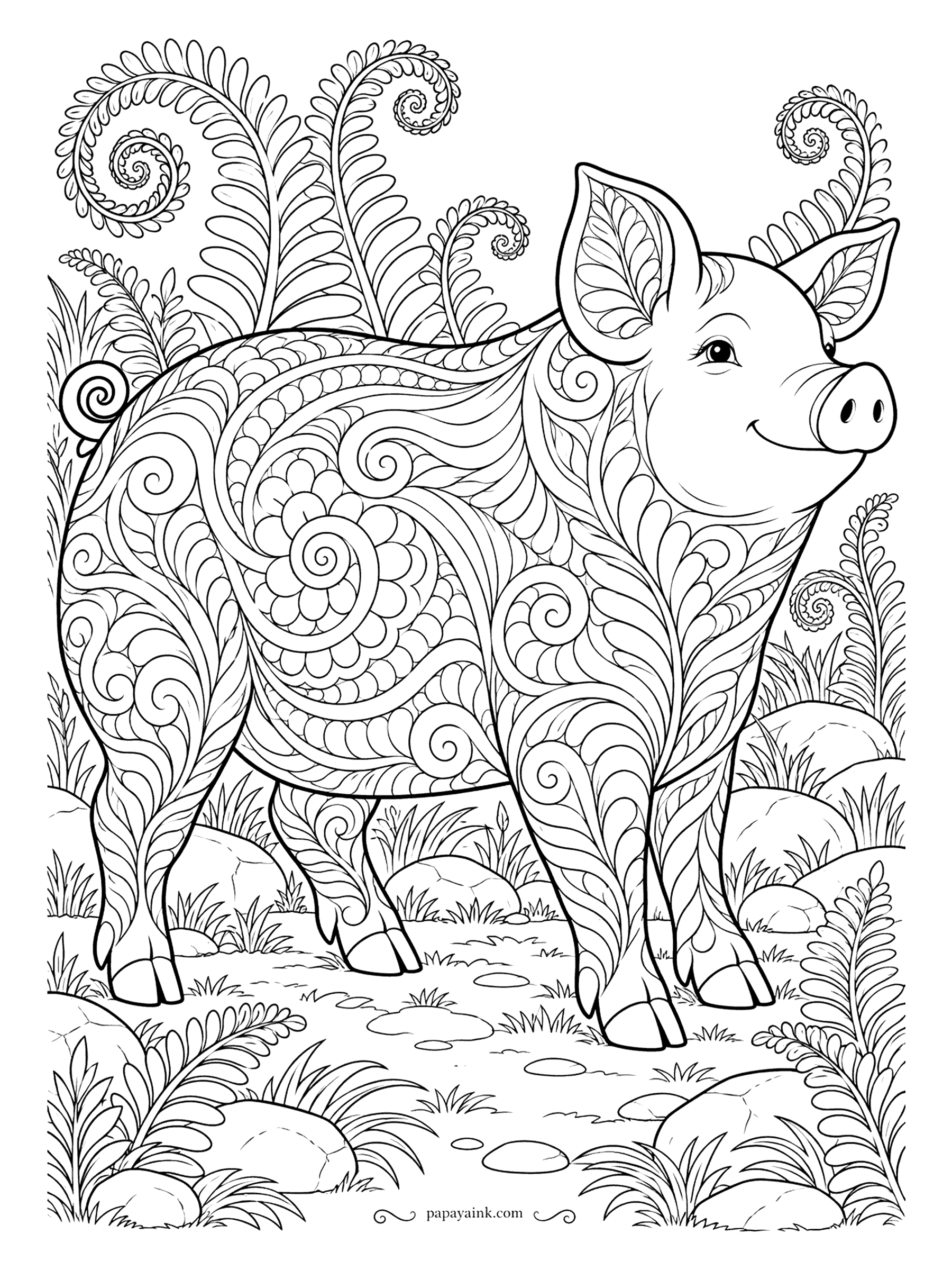 Pig Coloring Pages - Spirals, scales and feathers fill every inch of this zentangle pig among the ferns. Color pattern by pattern rather than area by area and the body will still read as a pig. Detailed - the most intricate sheet of the lot.