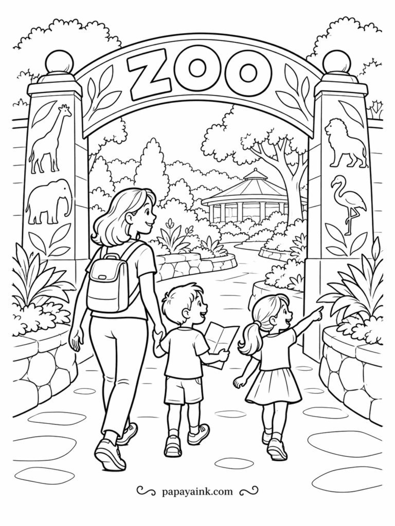 Zoo Coloring Pages - Through the gate and straight to the map. The boy is plotting a route, his sister has spotted something ahead, and the carved giraffe, elephant, lion and flamingo on the columns hint at what waits inside. Paint the ZOO letters in one bold color.