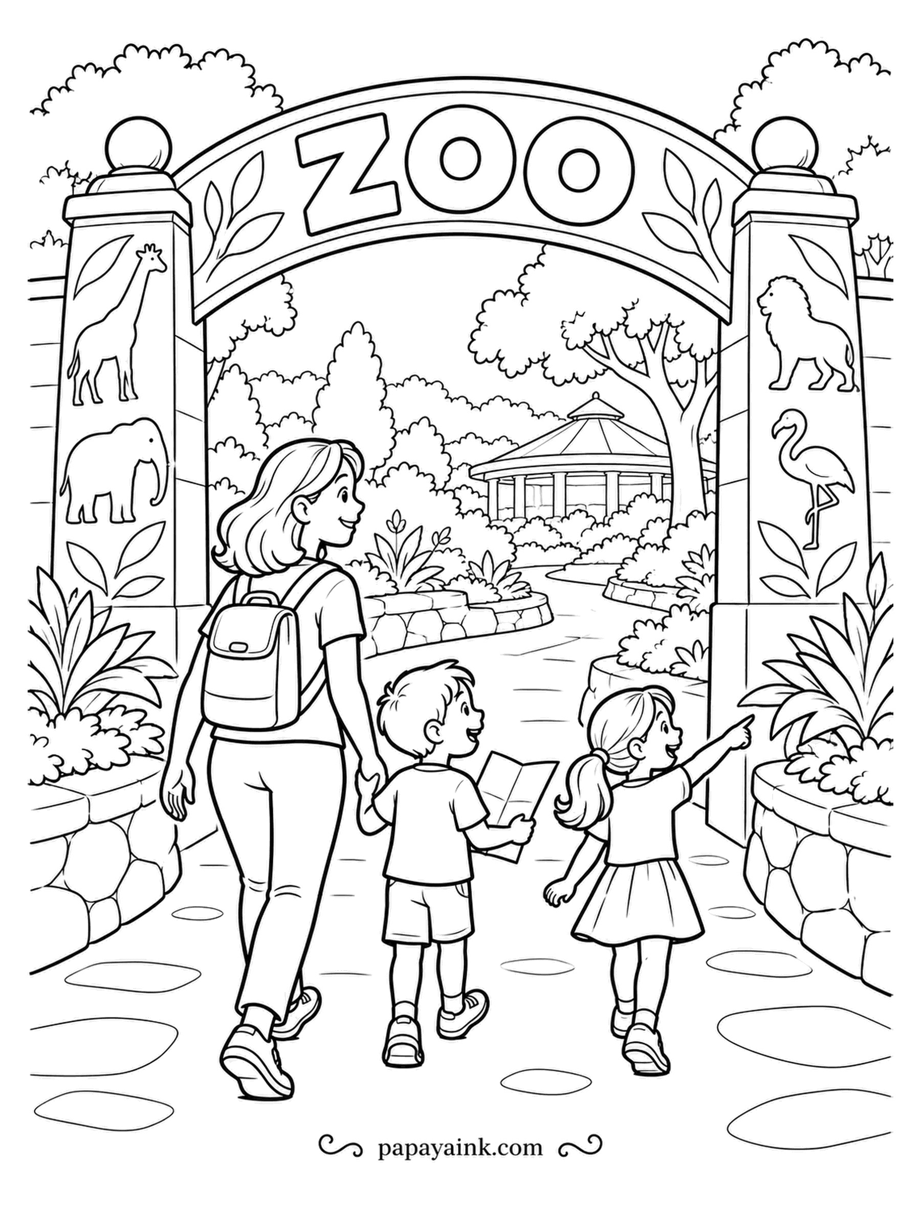 Zoo Coloring Pages - Through the gate and straight to the map. The boy is plotting a route, his sister has spotted something ahead, and the carved giraffe, elephant, lion and flamingo on the columns hint at what waits inside. Paint the ZOO letters in one bold color.